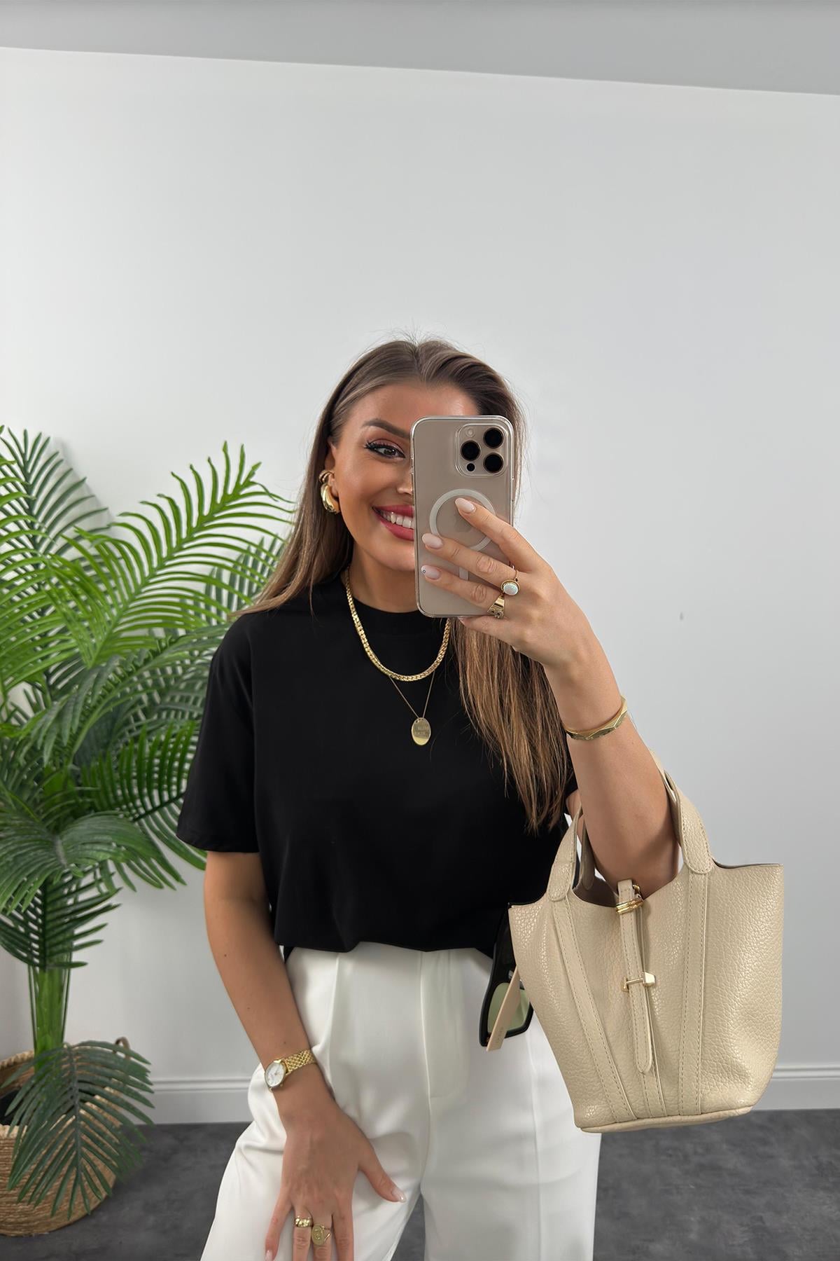 Dilvin Tam Pamuklu Dekoratif Dikiş Premium Basic Tshirt Siyah