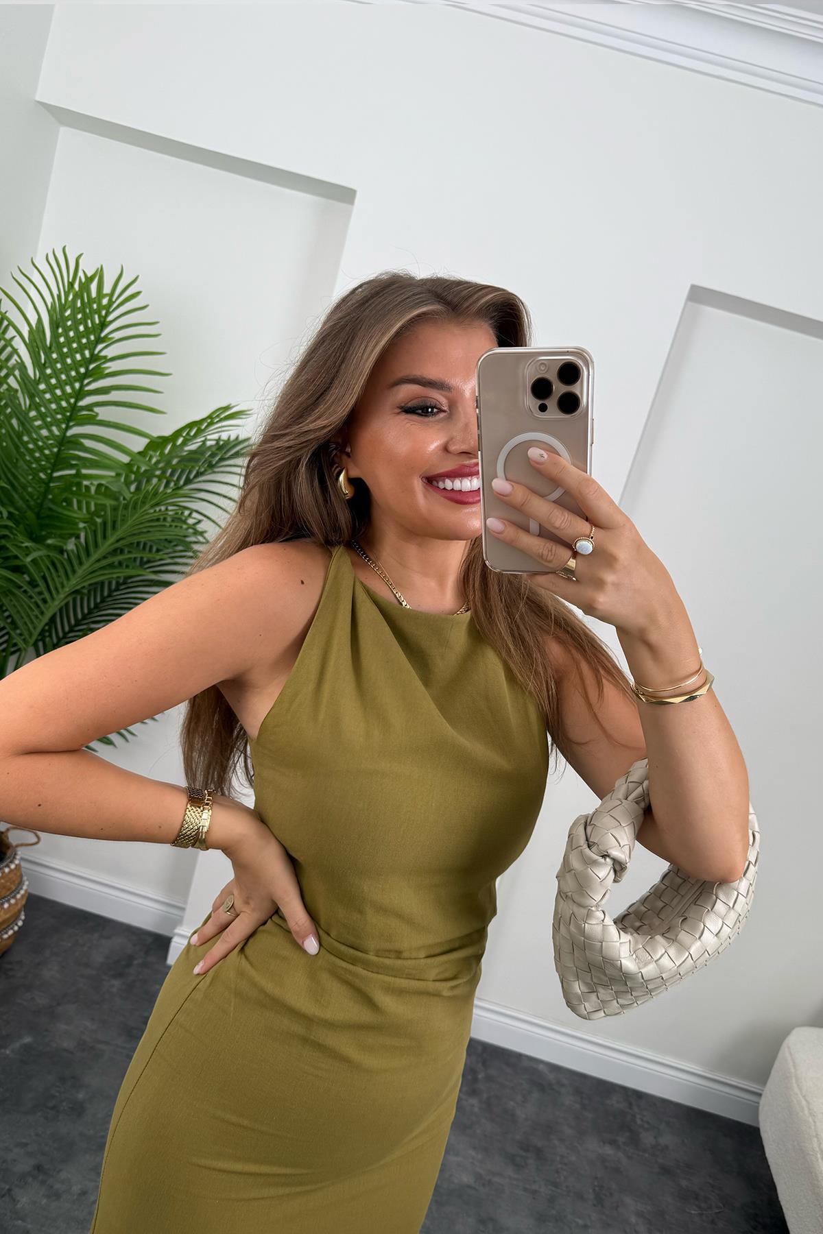 Dönük Askılı Midi Boy Basic Keten Elbise Yağ Yeşili