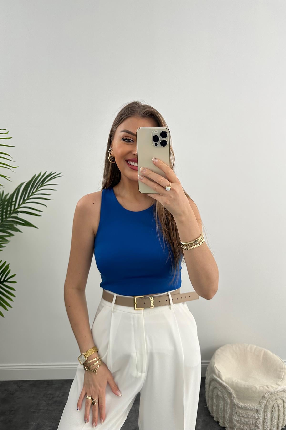 Double Kumaş Likralı Halter Yaka Crop Bluz Mavi