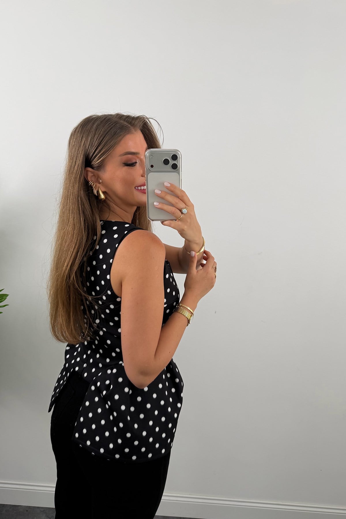 Double Kumaş Puantiyeli Kare Yak Peplum Bluz Siyah