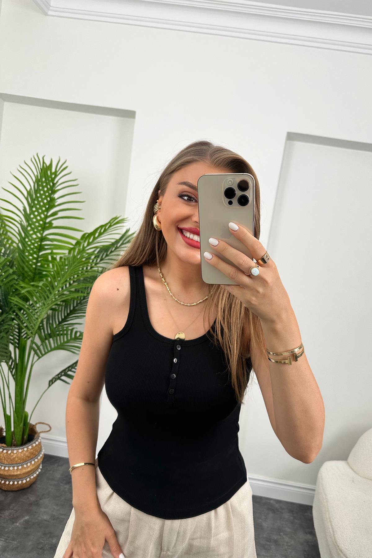 Düğmeli Tam Pamuklu Premium Atlet Siyah