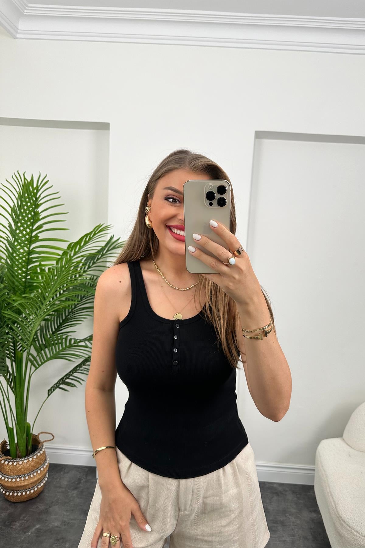 Düğmeli Tam Pamuklu Premium Atlet Siyah