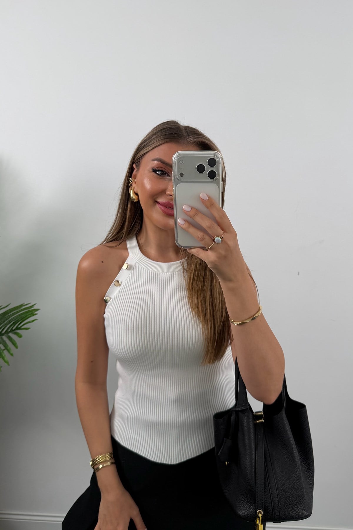 Elit Triko Gold Düğmeli Reglan Kol Bluz Beyaz