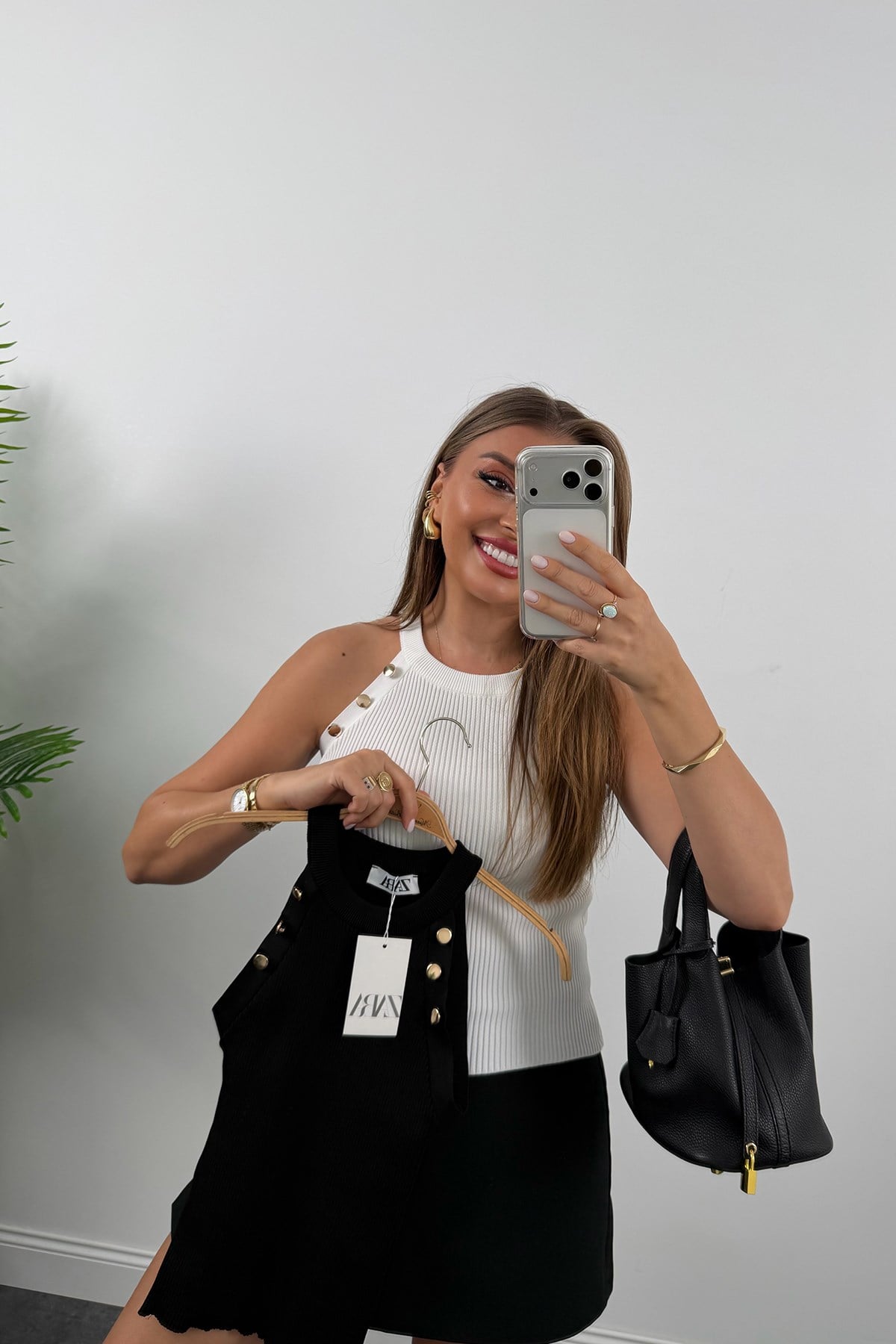 Elit Triko Gold Düğmeli Reglan Kol Bluz Beyaz