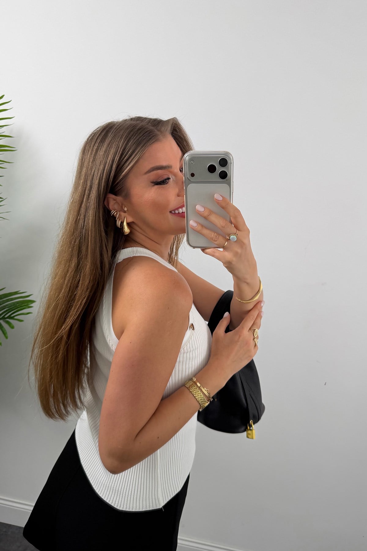 Elit Triko Gold Düğmeli Reglan Kol Bluz Beyaz