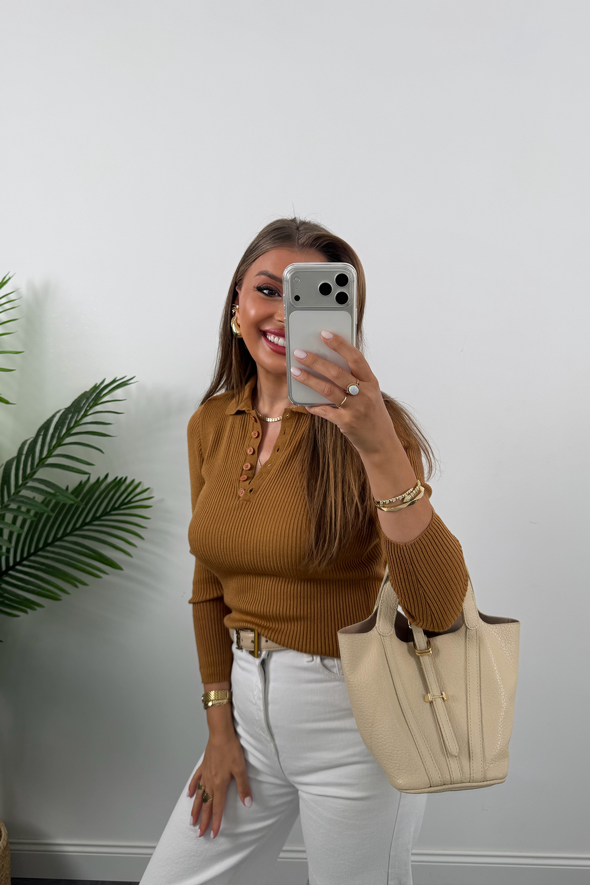 Fitilli Polo Yaka İnce Triko Camel