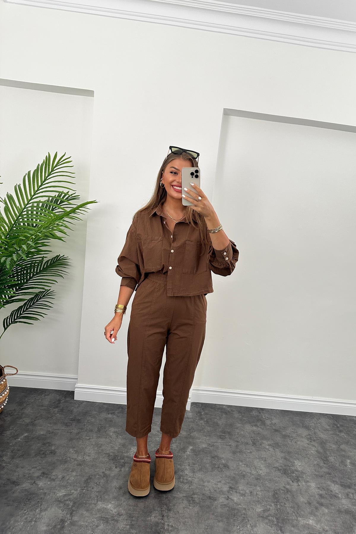 Galia Premium Kalite Gömlek Jogger Pantolon Takım Acı Kahve