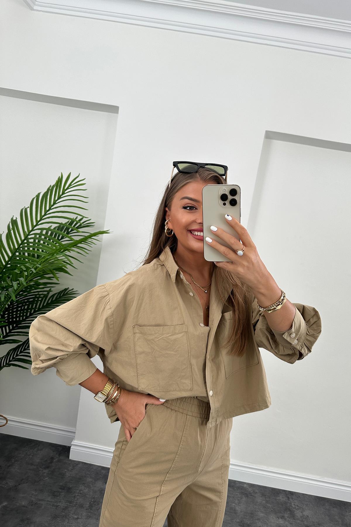Galia Premium Kalite Gömlek Jogger Pantolon Takım Olive Vizon 