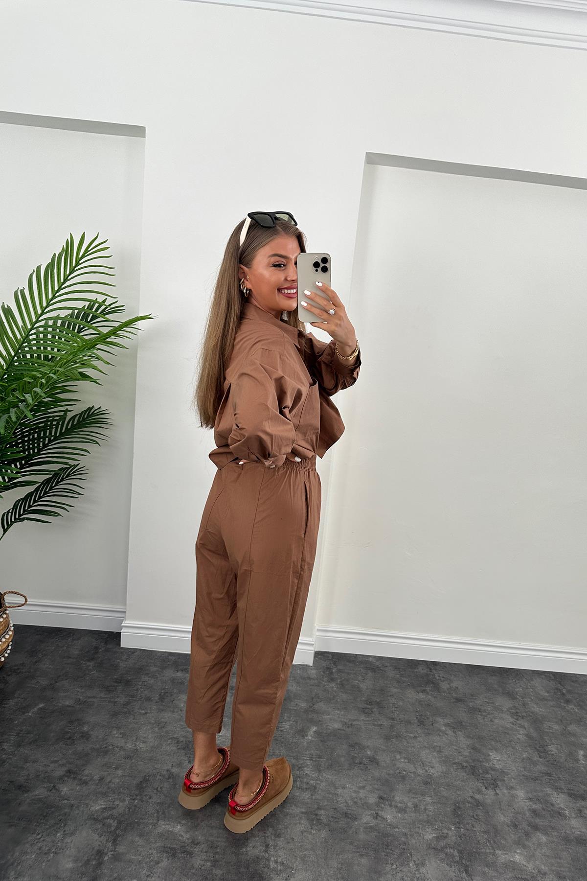 Galia Premium Kalite Gömlek Jogger Pantolon Takım Tatlı Kahve 