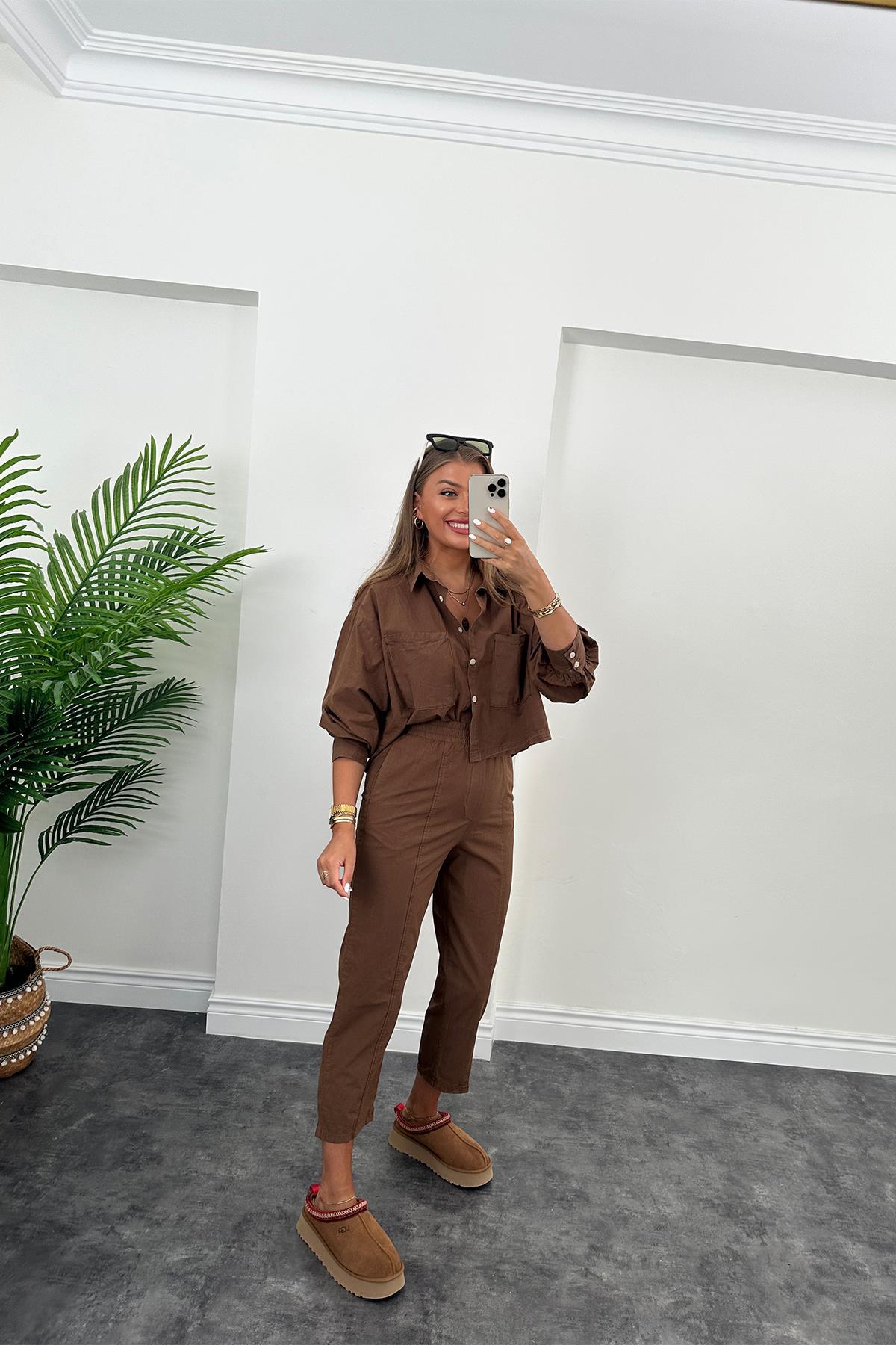 Galia Premium Kalite Gömlek Jogger Pantolon Takım Acı Kahve