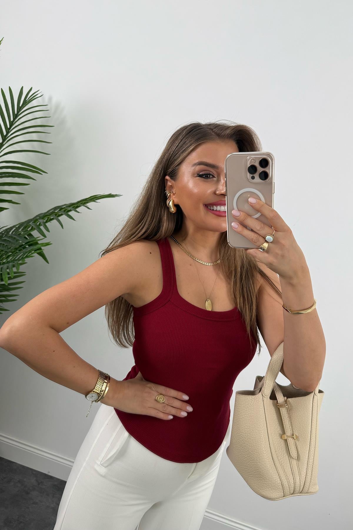 İnce Askılı U Yaka Fitilli Basic Atlet Bordo