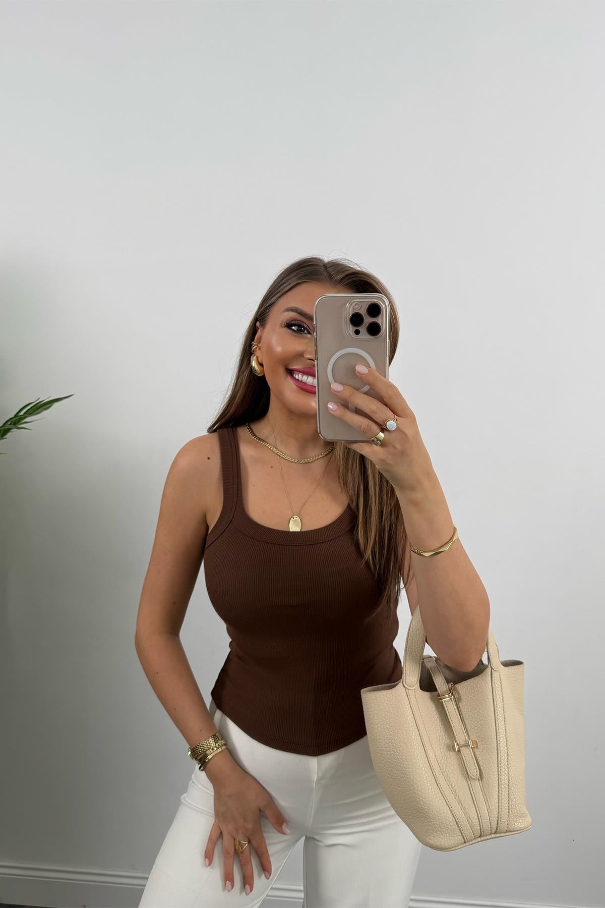 İnce Askılı U Yaka Fitilli Basic Atlet Kahverengi