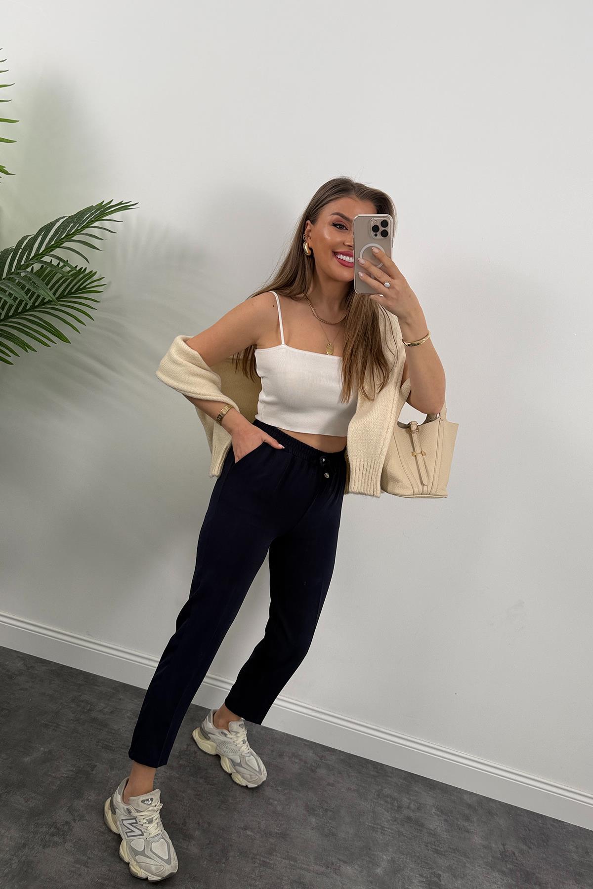 İthal Kumaş Beli Lastikli Atlas Jogger Pantolon Lacivert