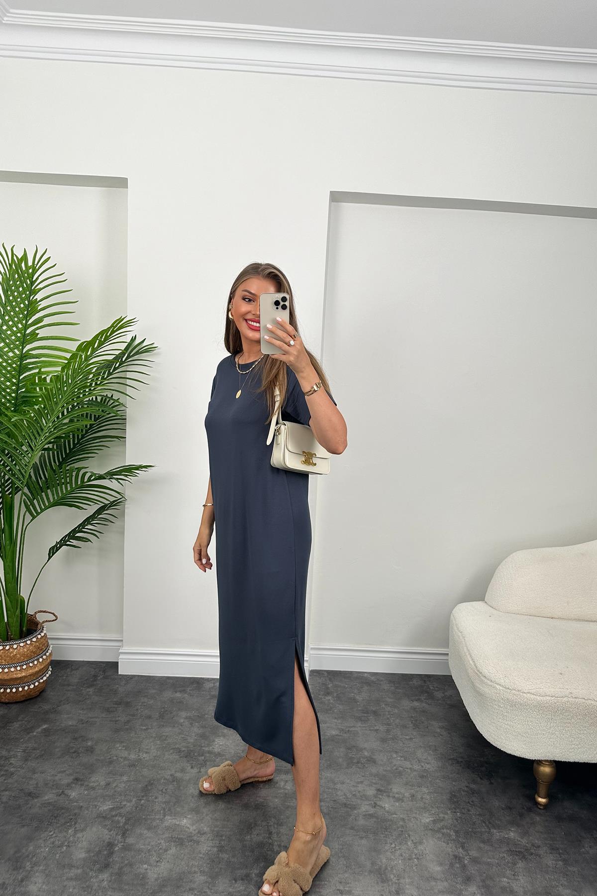 Kısa Kol Çift Yırtmaçlı Viskon Çelik Salaş Elbise Antrasit