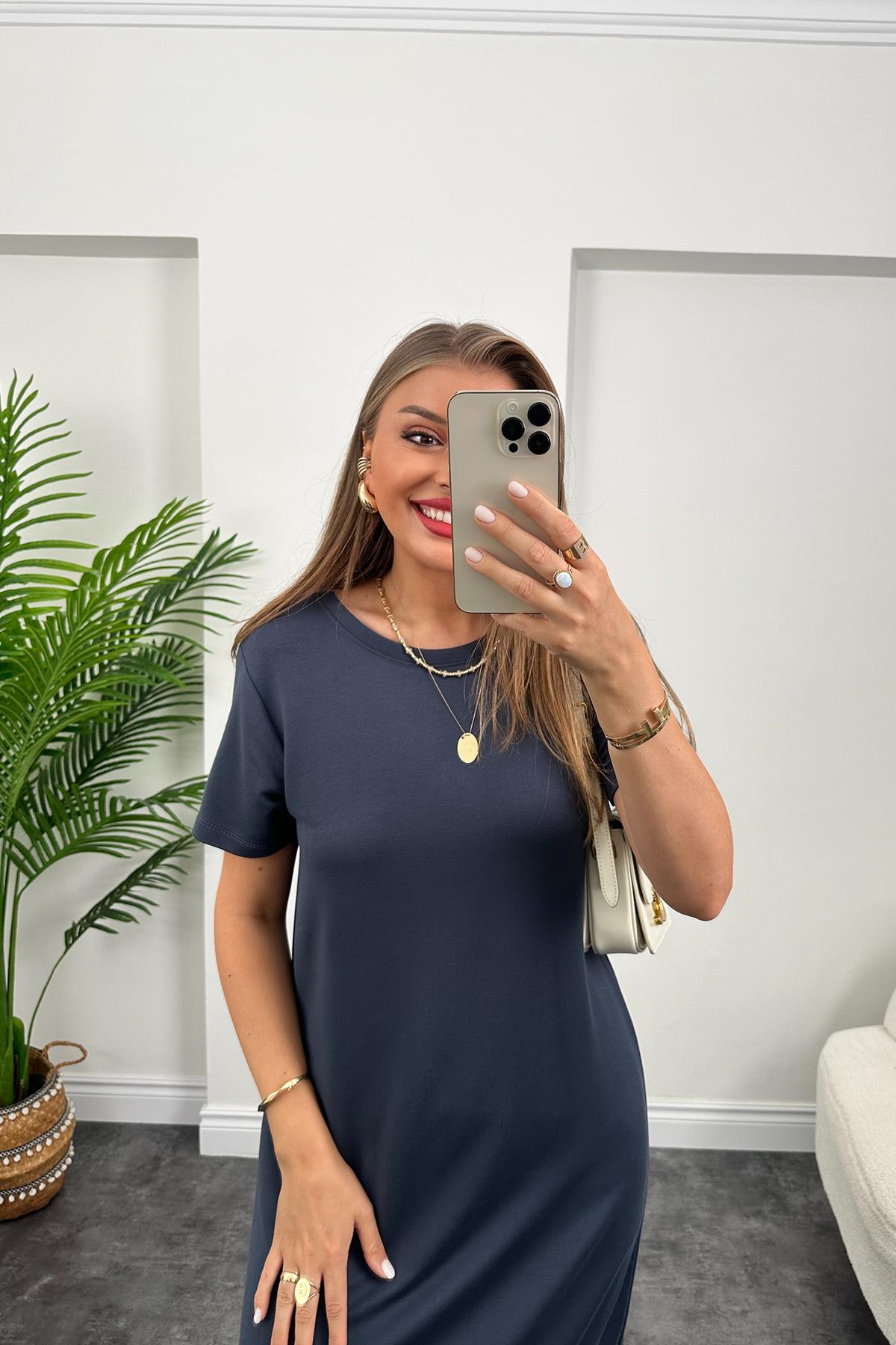 Kısa Kol Çift Yırtmaçlı Viskon Çelik Salaş Elbise Antrasit