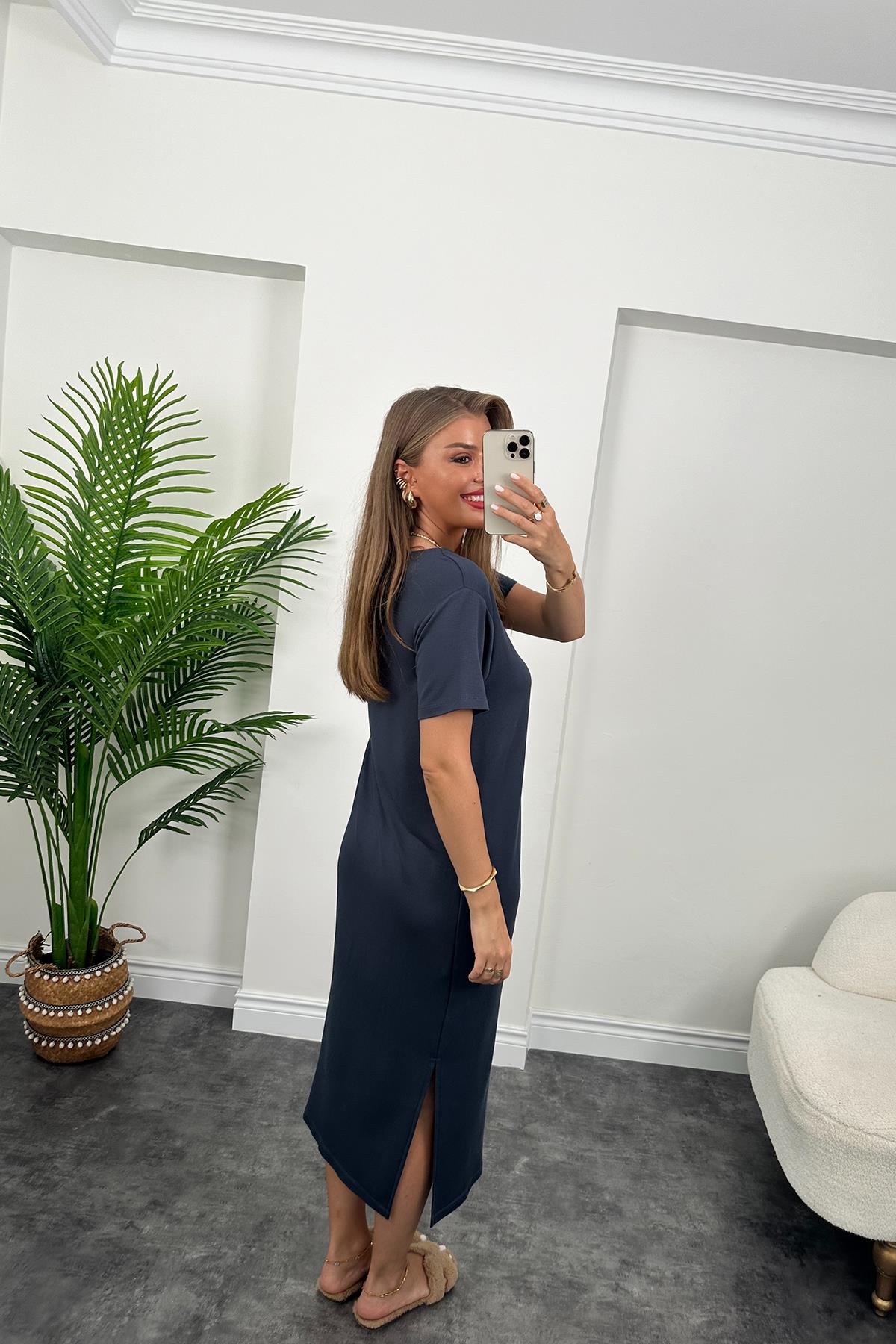 Kısa Kol Çift Yırtmaçlı Viskon Çelik Salaş Elbise Antrasit