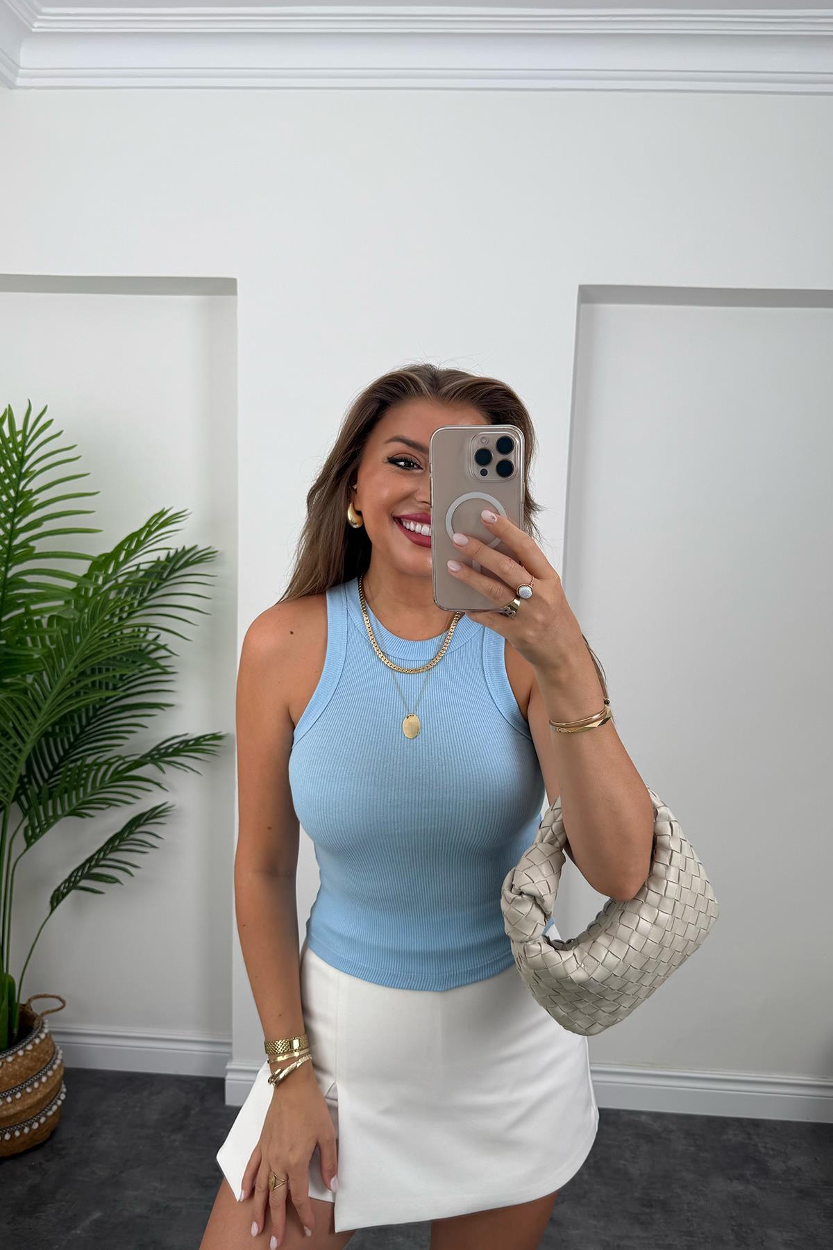 Likralı Fitilli Basic Halter Atlet Açık Mavi
