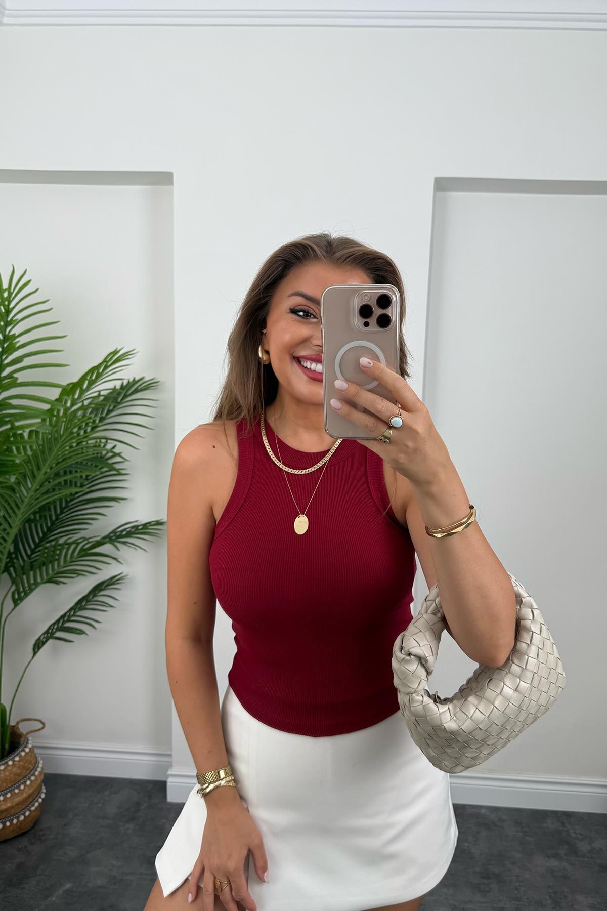Likralı Fitilli Basic Halter Atlet Bordo