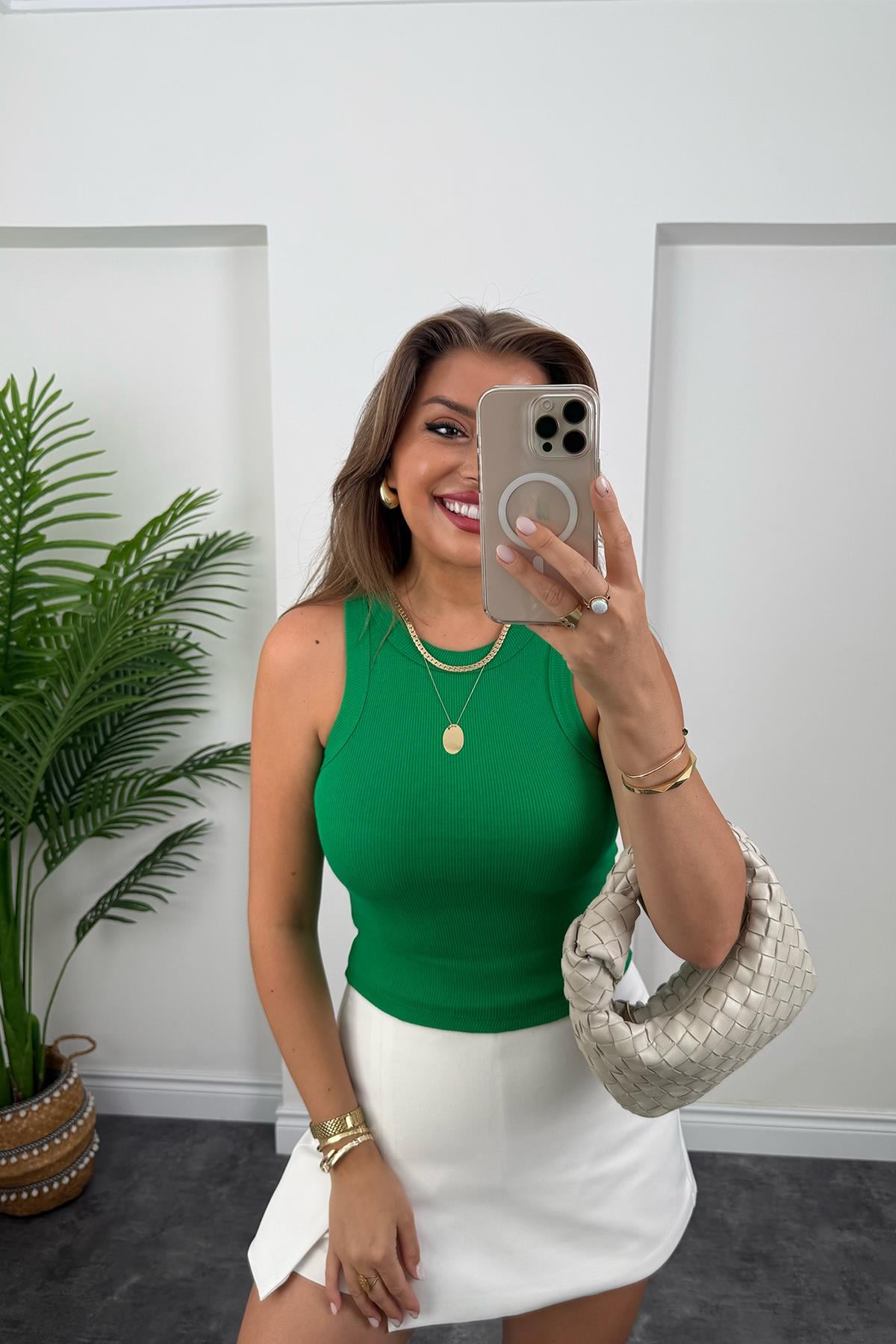 Likralı Fitilli Basic Halter Atlet Yeşil