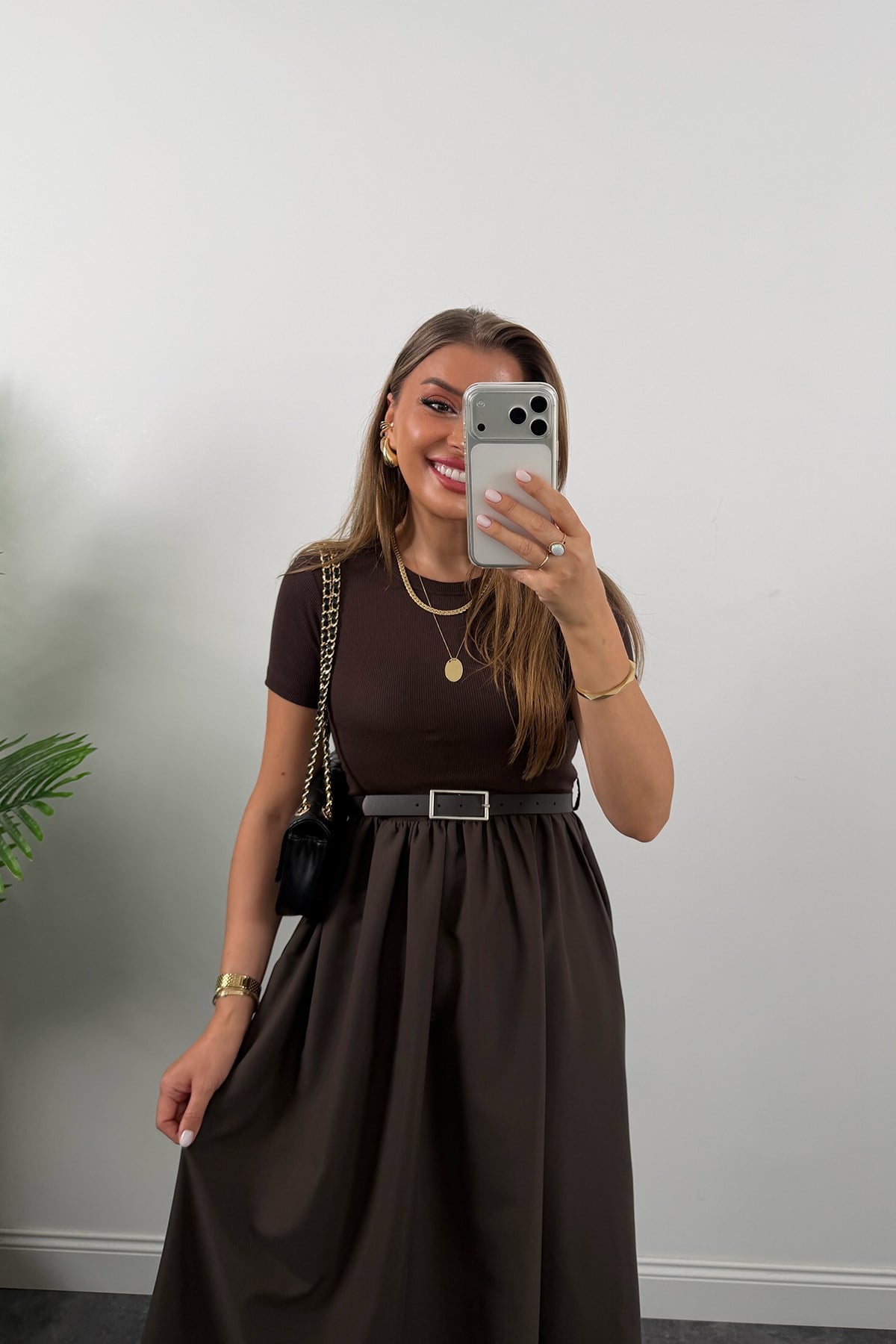 Likralı Kemerli Midi Boy Basic Kloş Elbise Acı Kahve