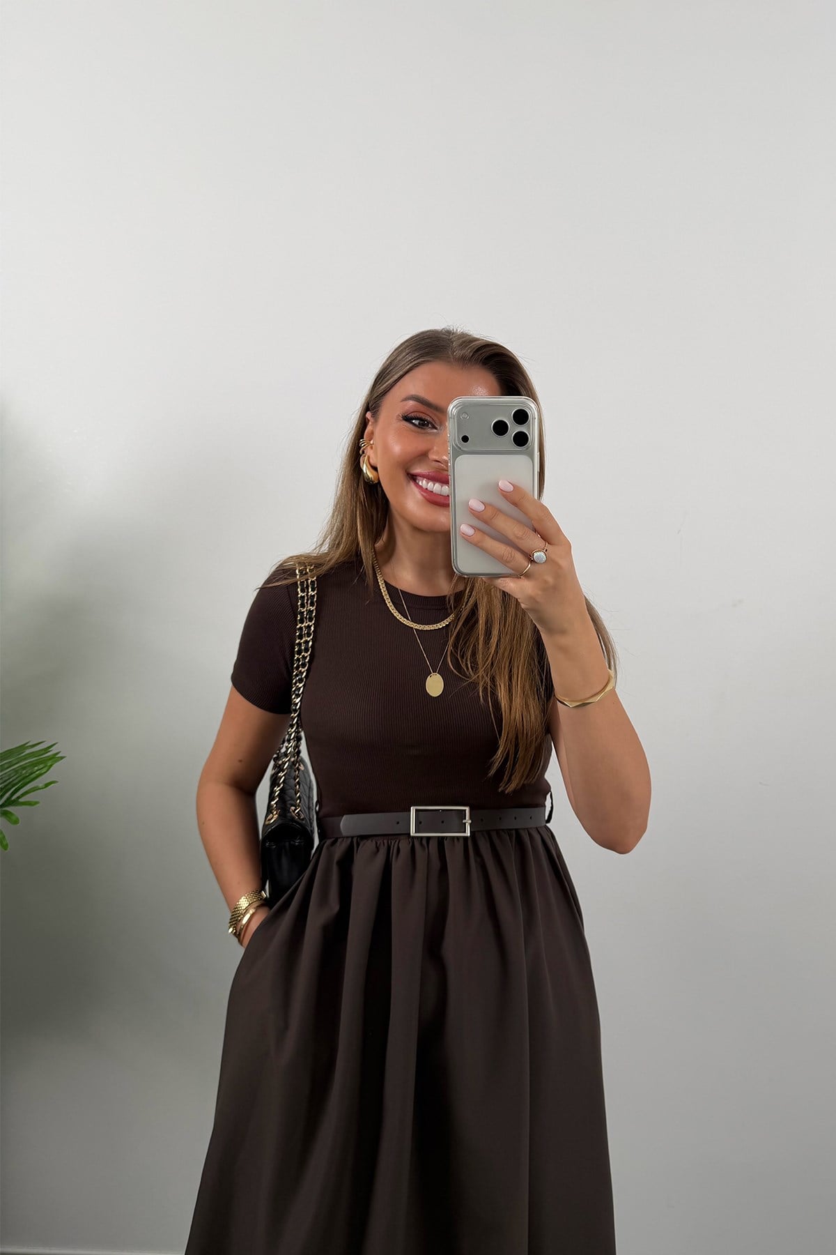 Likralı Kemerli Midi Boy Basic Kloş Elbise Acı Kahve