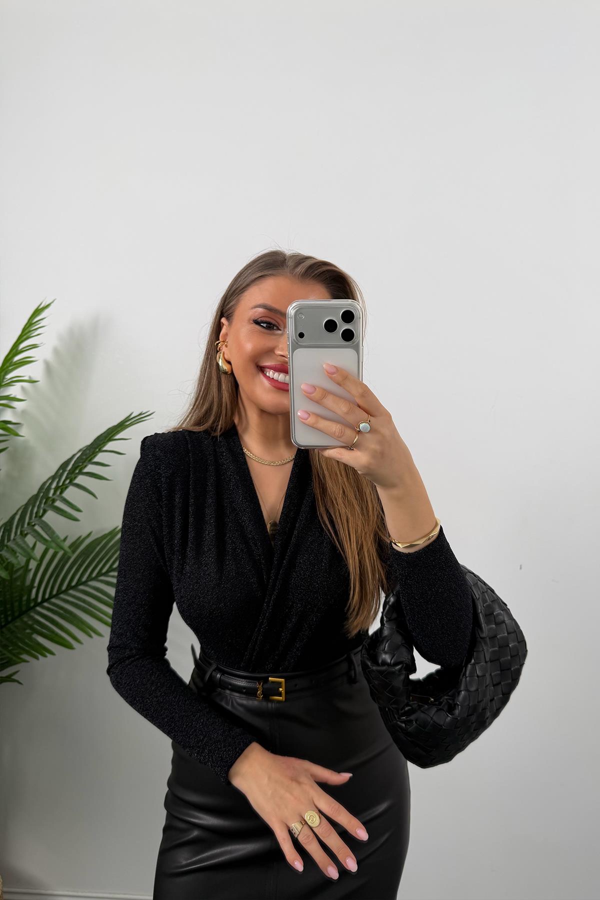 Likralı Vatkalı Işıltılı Boydsuit Siyah