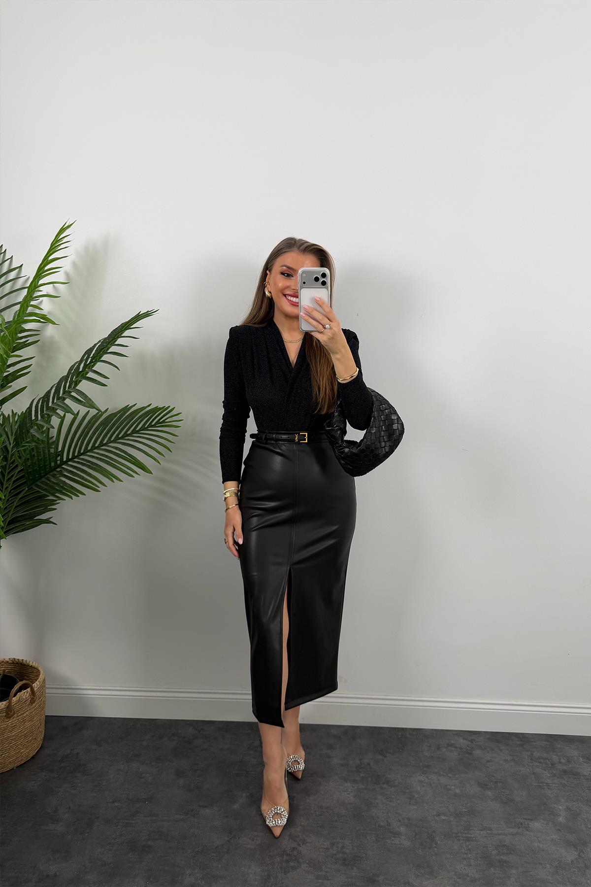 Likralı Vatkalı Işıltılı Boydsuit Siyah