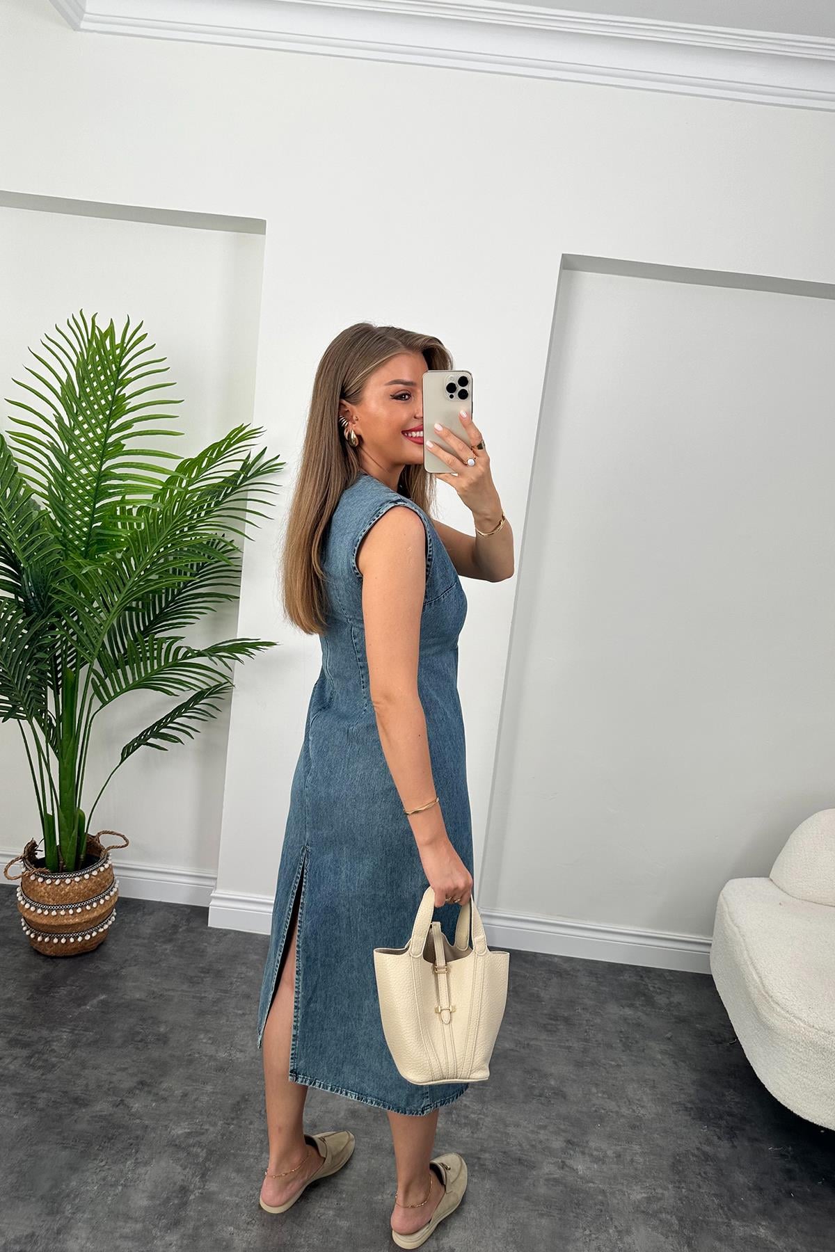 Lüx Kalite %100 Pamuklu Midi Boy Basic Jean Elbise