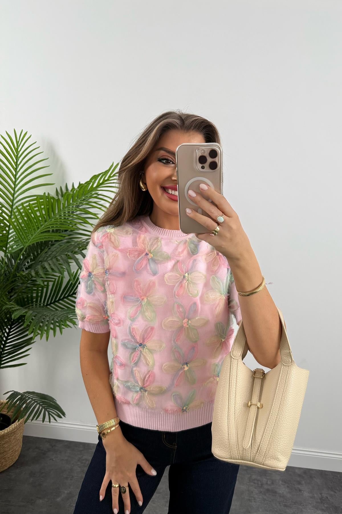 Lüx Kalite 3 Boyutlu Tasarım Flower Triko Pembe