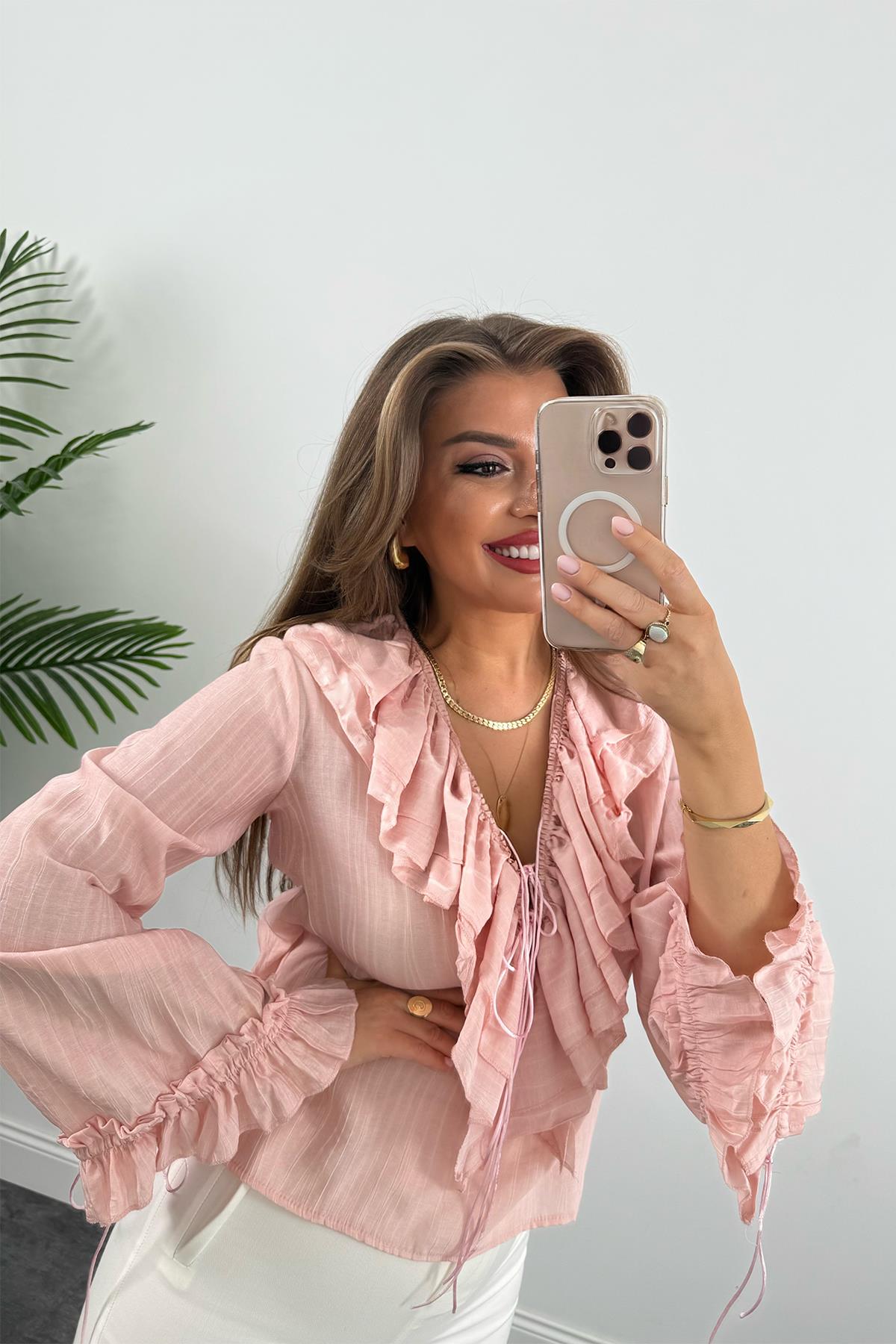 Lüx Kalite Amor Paris Valonlu Tasarım Gömlek Pembe