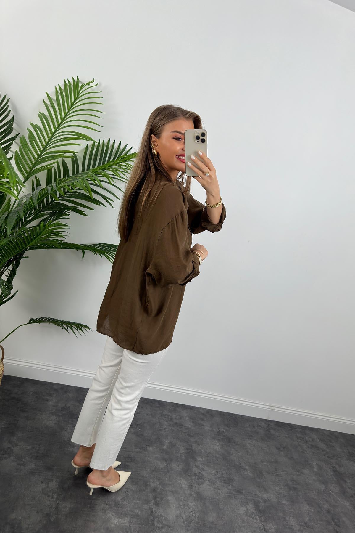 Lüx Kalite Basic Salaş Tensel Gömlek Çikolata Kahve