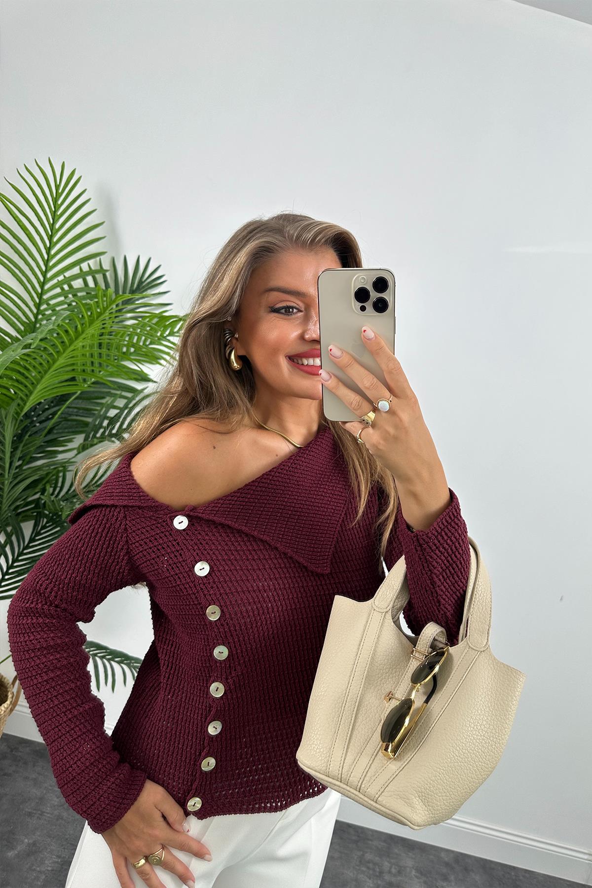 Lüx Kalite Devrik Yaka Düğmeli Pinterest Triko Bordo