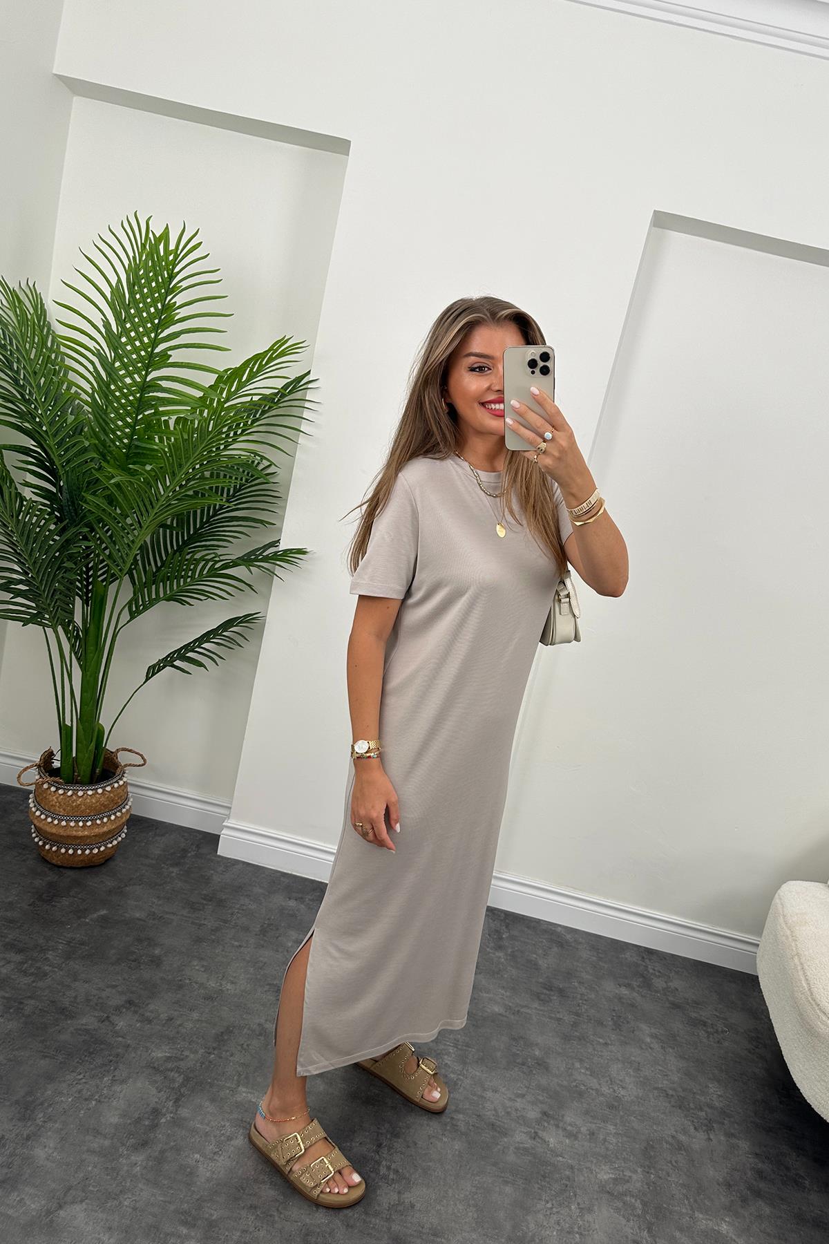 Lüx Kalite Dokuma Oysh Kumaş Kısa Kol Maxi Basic Elbise Taş
