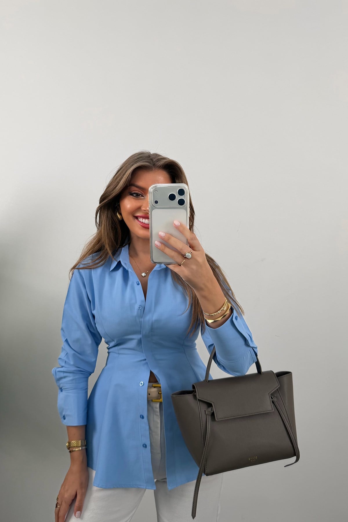 Lüx Kalite Eteği Pileli Peplum Oturtma Gömlek Mavi