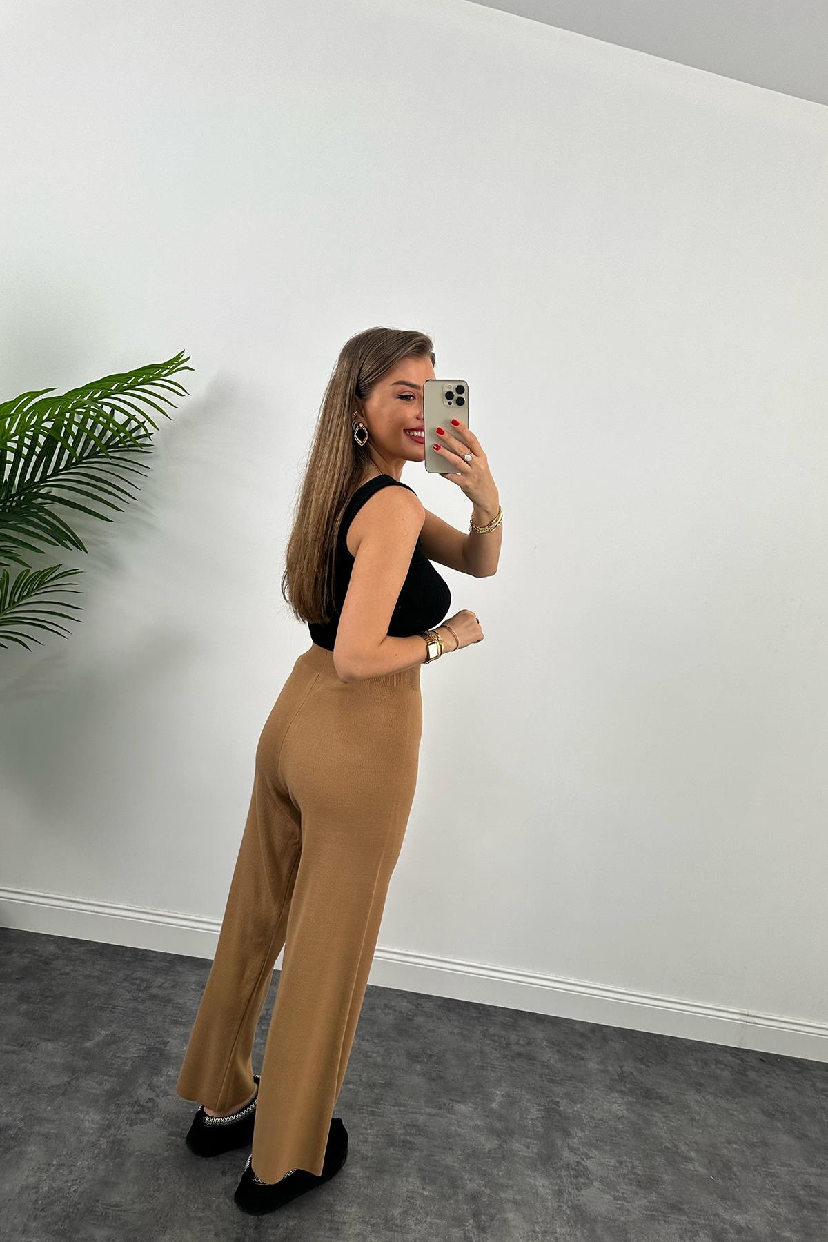 Lüx Kalite Likralı Triko Pantolon Camel