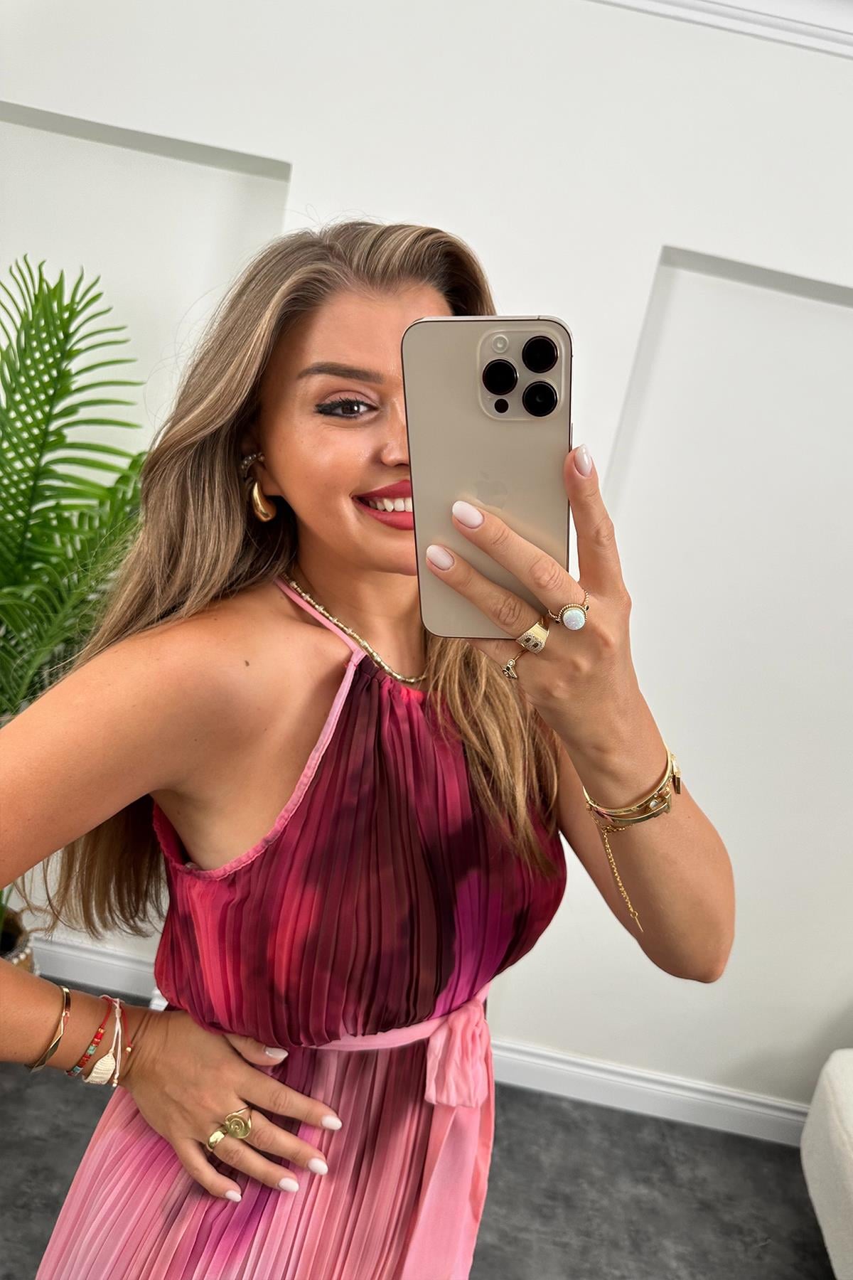 Lüx Kalite Fuşya Pembe Desenli Maxi Şifon Elbise