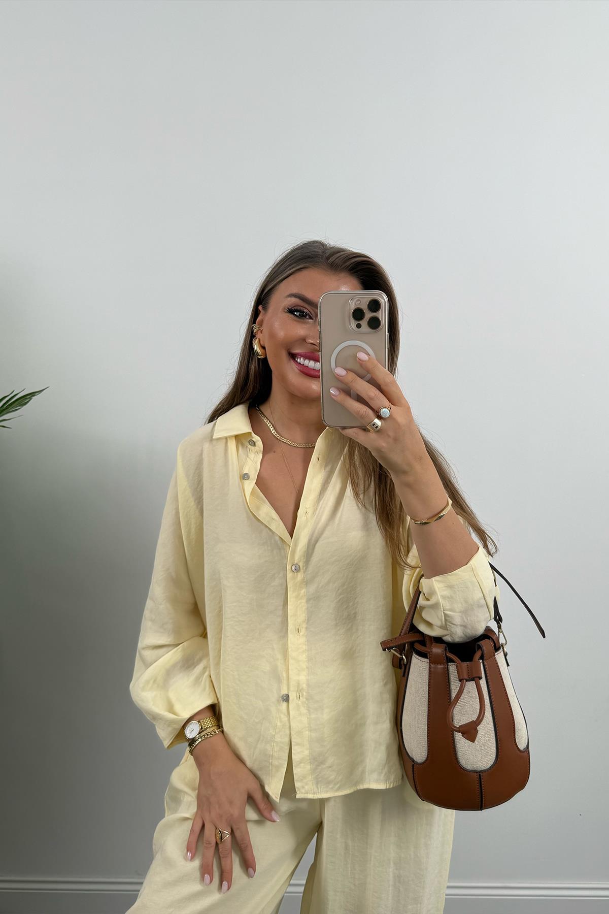 Lüx Kalite İthal Tensel Kumaş Harem Takım Pastel Sarı