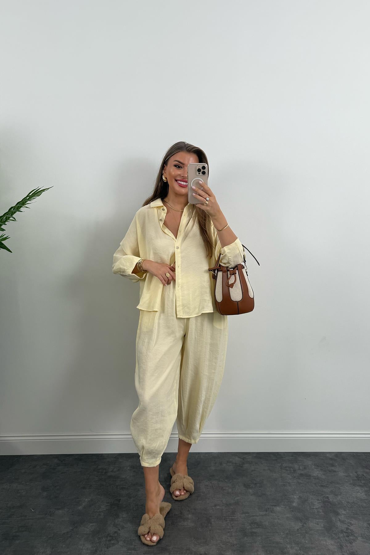 Lüx Kalite İthal Tensel Kumaş Harem Takım Pastel Sarı