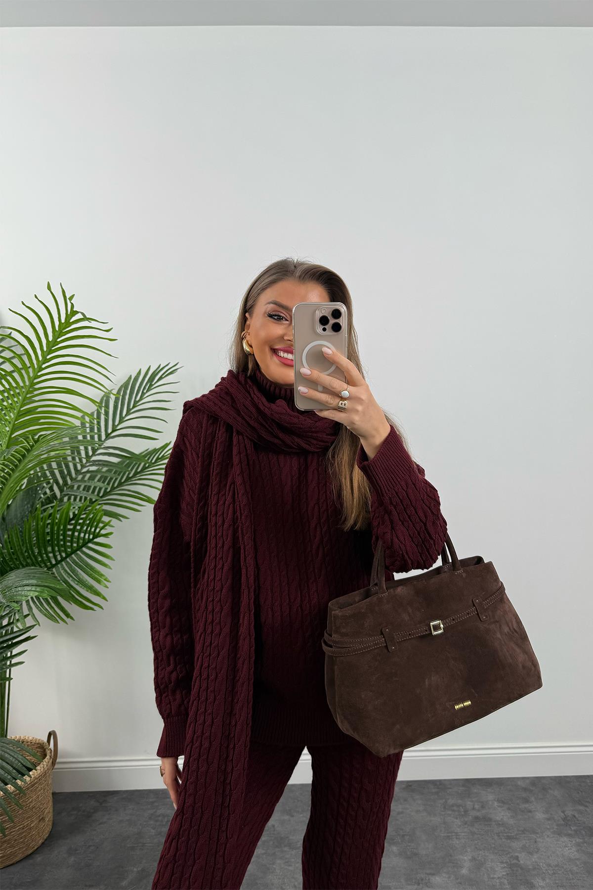 Lüx Kalite Kaşkollu 3 Parçalı Triko Takım Bordo