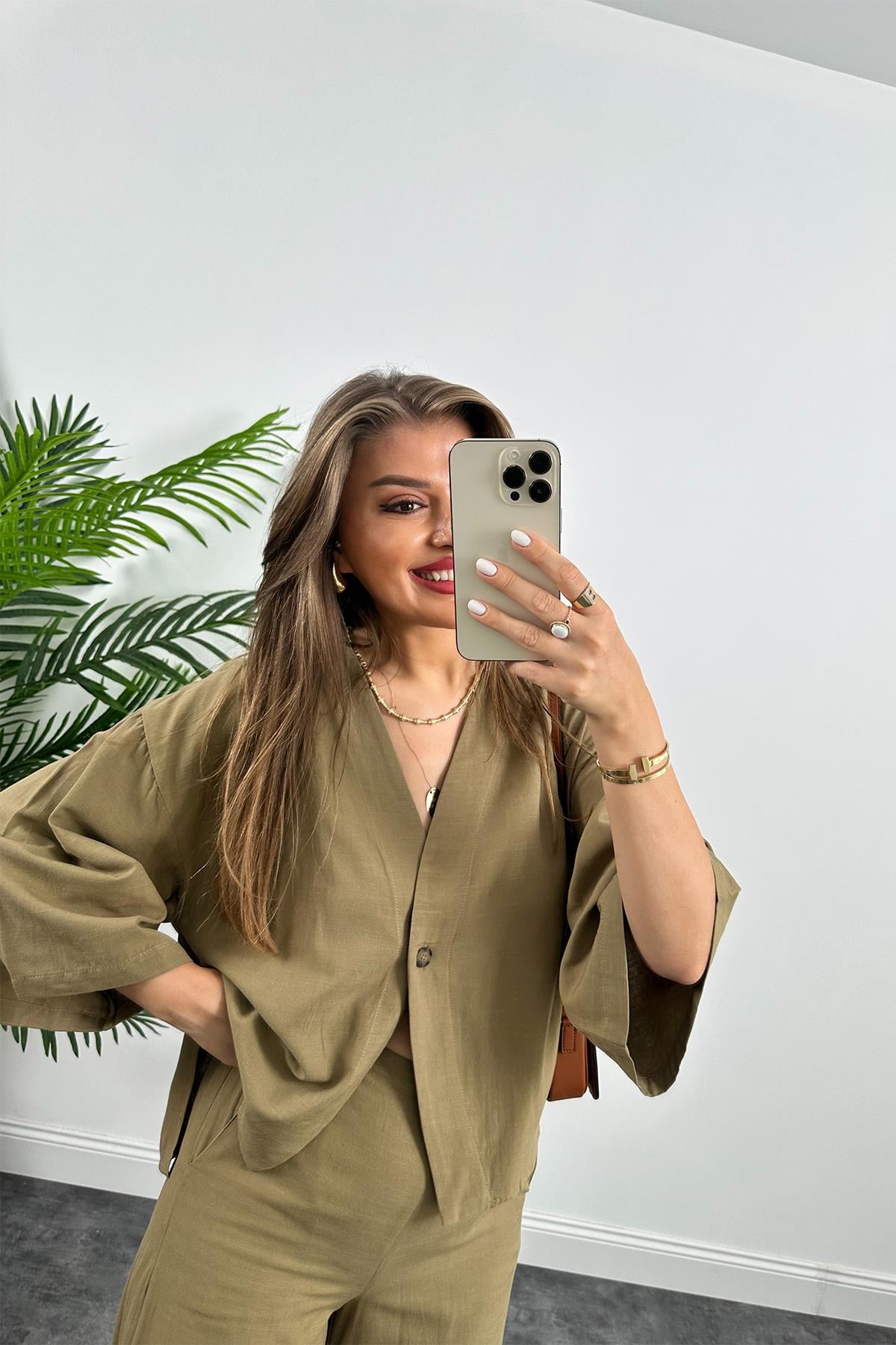 Lüx Kalite Massi Model Kimono Palazzo Keten Takım Haki