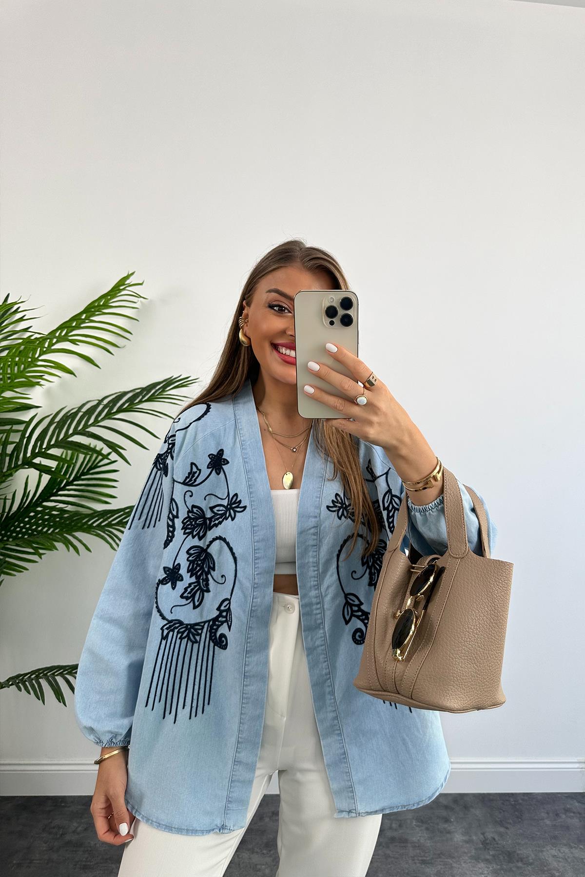 Lüx Kalite Nakışlı Tensel Jean Kimono Ceket
