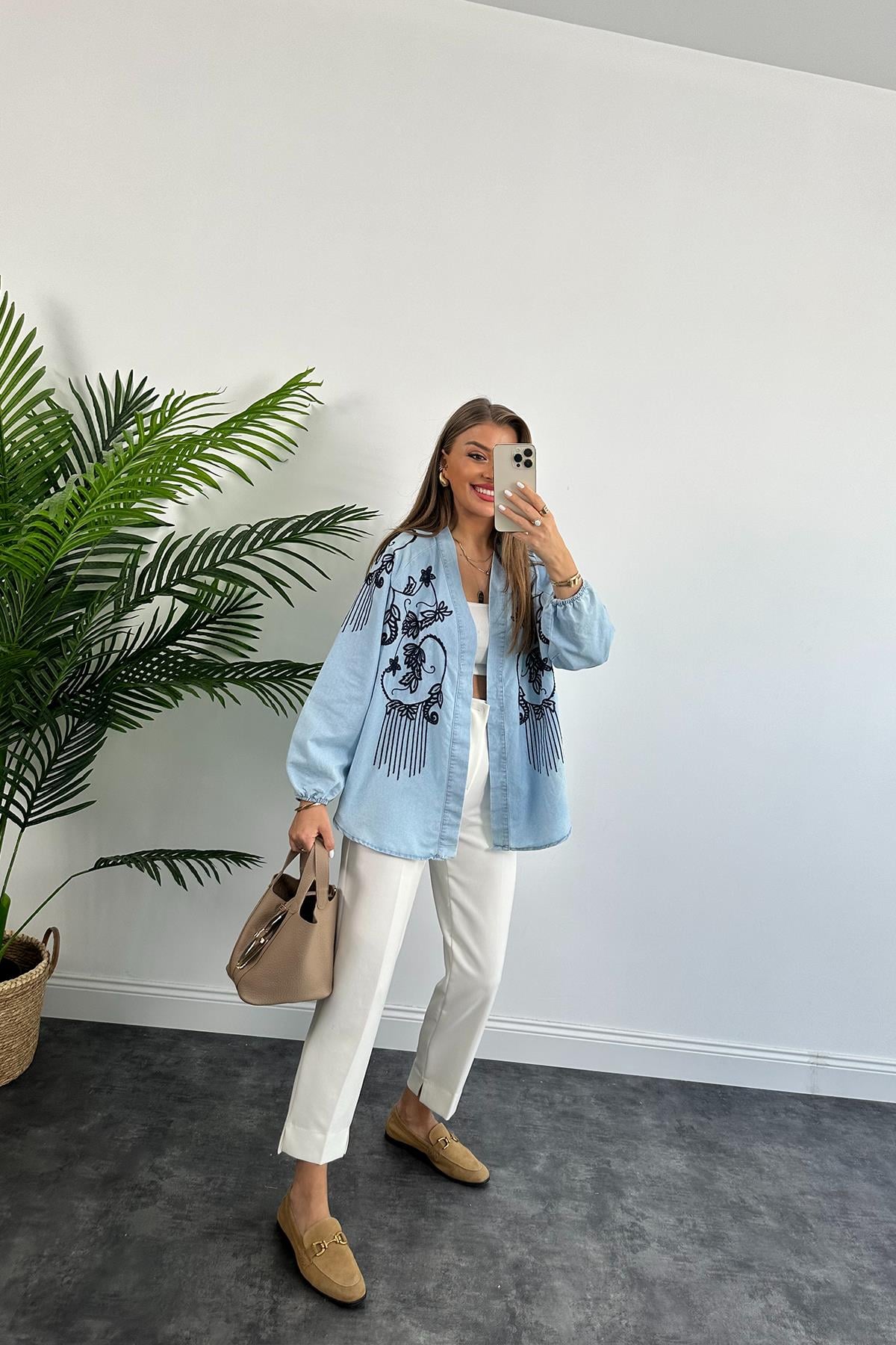 Lüx Kalite Nakışlı Tensel Jean Kimono Ceket