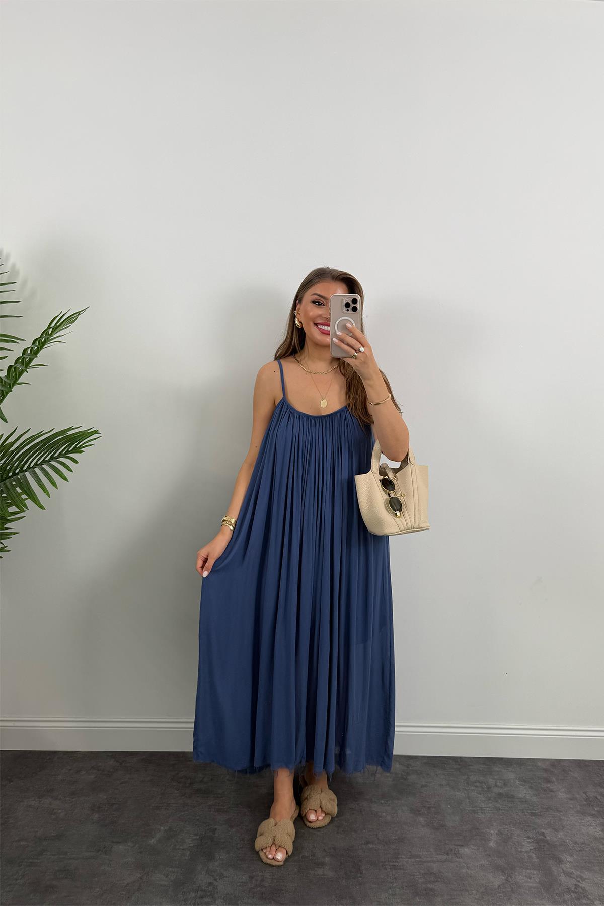 Lüx Kalite Naturel Seri %100 Pamuklu Astarlı Maxi Elbise İndigo
