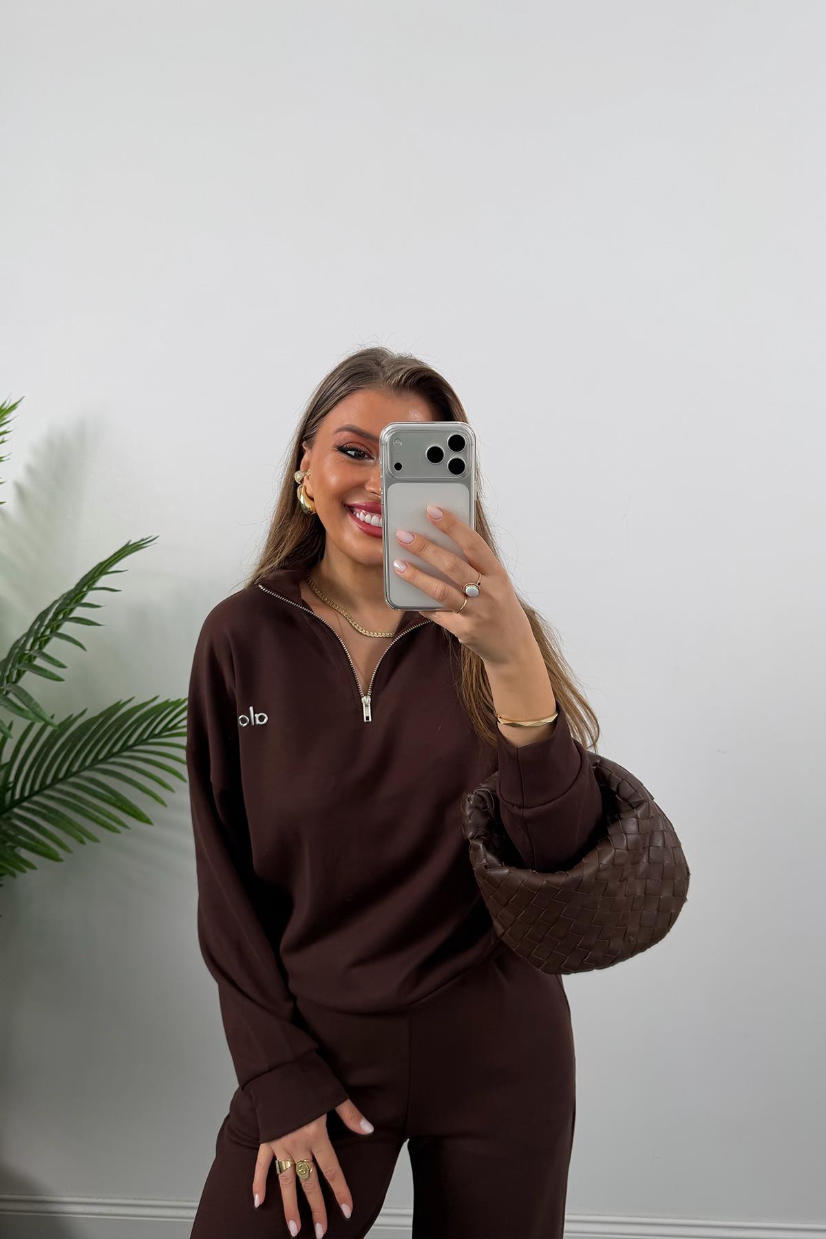 Lüx Kalite Ola Sweat Palazzo Eşofman Takımı Acı Kahve