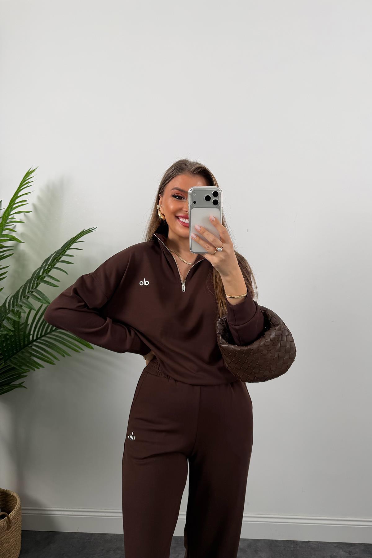 Lüx Kalite Ola Sweat Palazzo Eşofman Takımı Acı Kahve