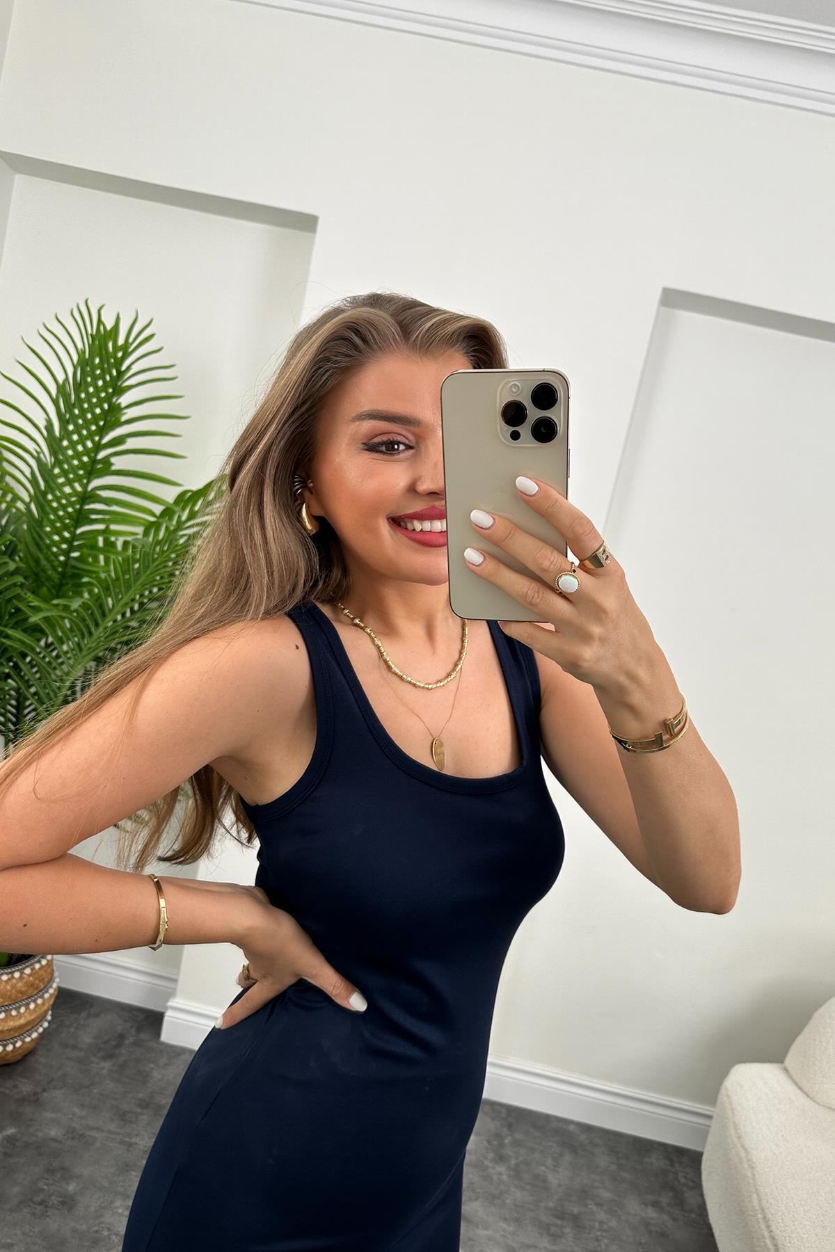 Lüx Kalite Oysh Model Yırtmaçlı Çelik Elbise Lacivert