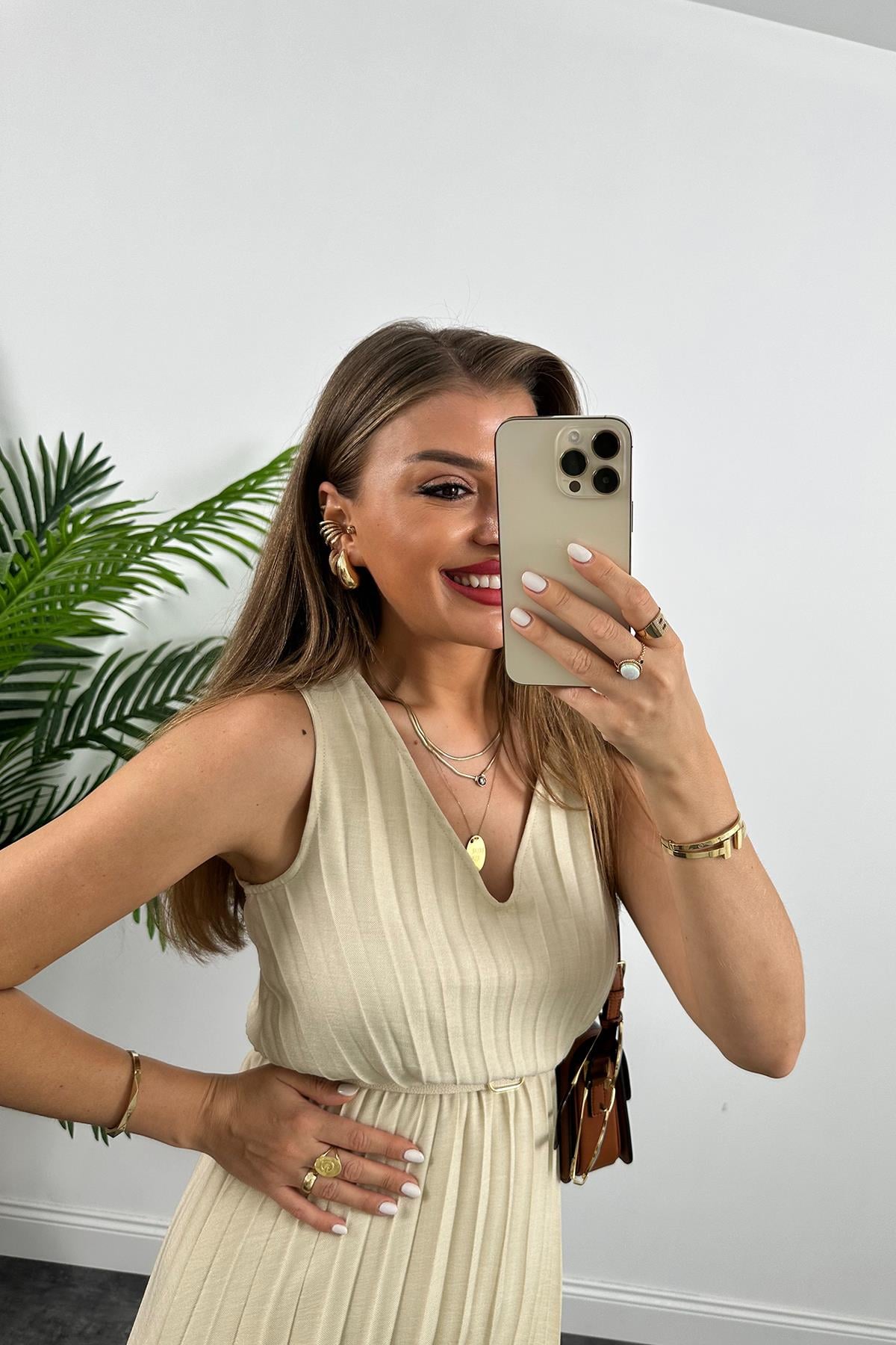 Lüx Kalite Pileli Kemerli Midi Boy Keten Elbise Taş