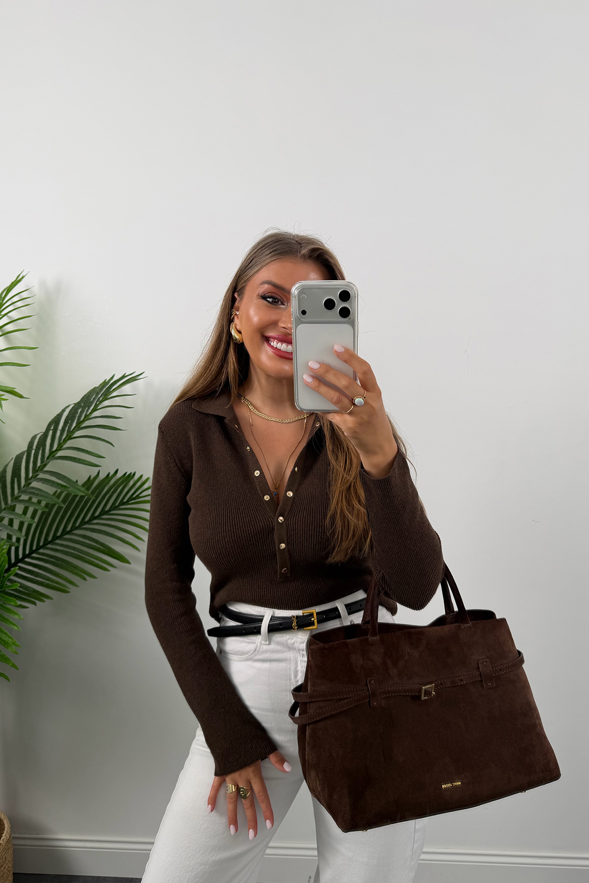Lüx Kalite Polo Yaka Gold Çıtçıtlı Basic Çelik Triko Acı Kahve
