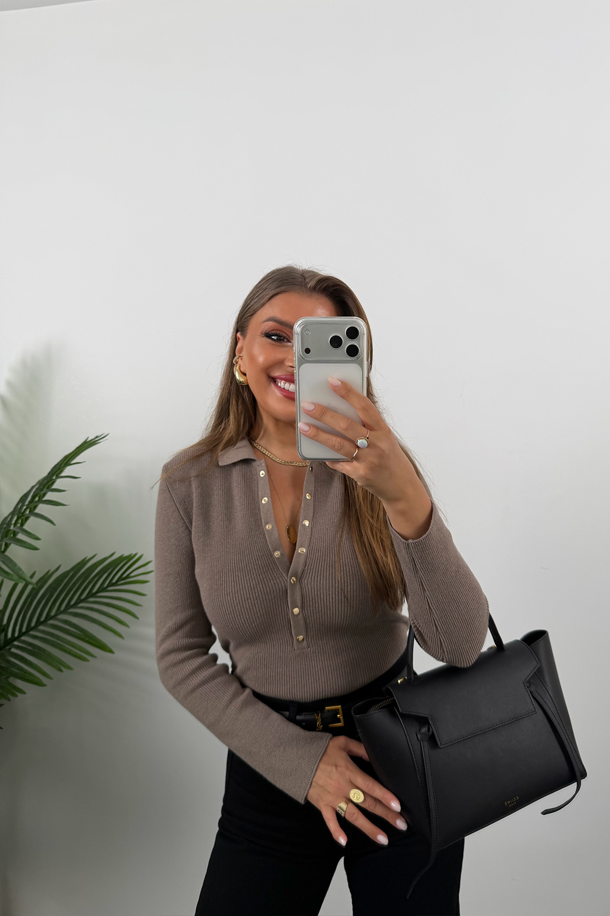 Lüx Kalite Polo Yaka Gold Çıtçıtlı Basic Çelik Triko Vizon