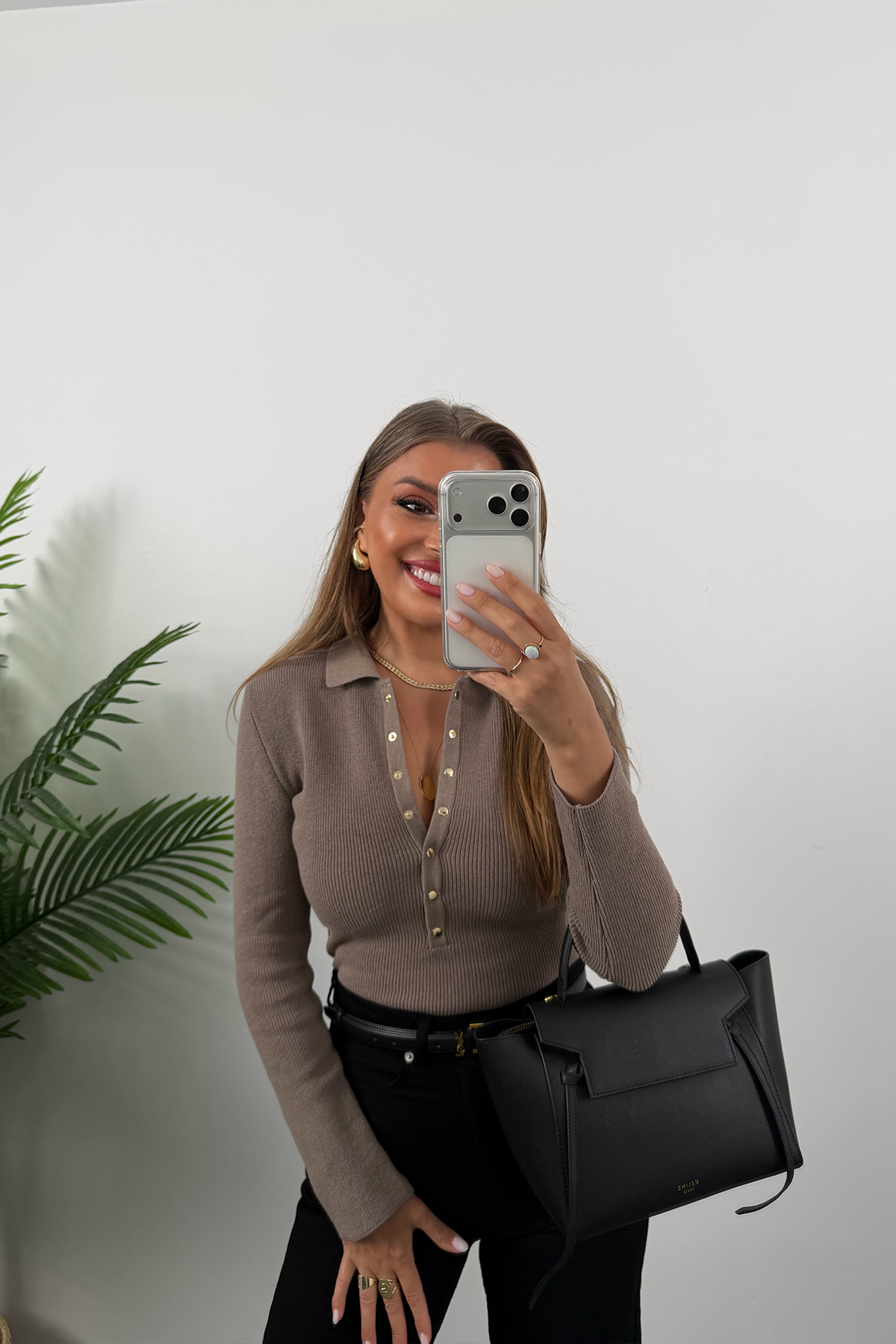 Lüx Kalite Polo Yaka Gold Çıtçıtlı Basic Çelik Triko Vizon